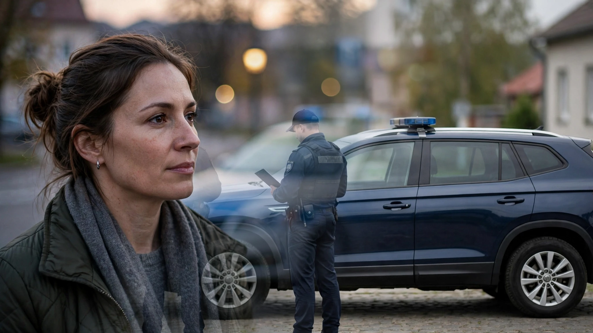 Radiowóz policji i funkcjonariusze podczas działań operacyjnych w Węgorzewie