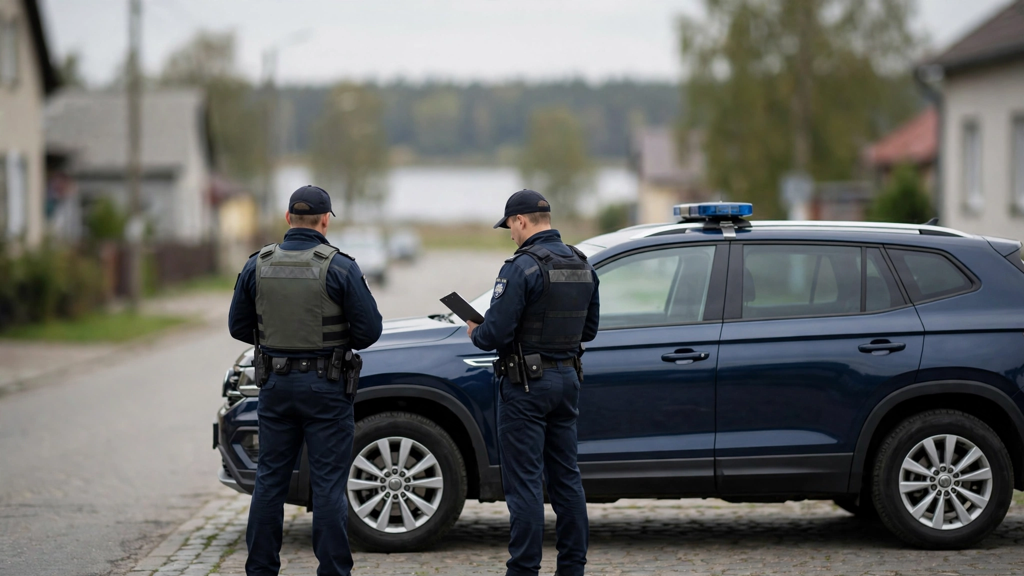 Radiowóz policji i funkcjonariusze podczas działań operacyjnych w Węgorzewie