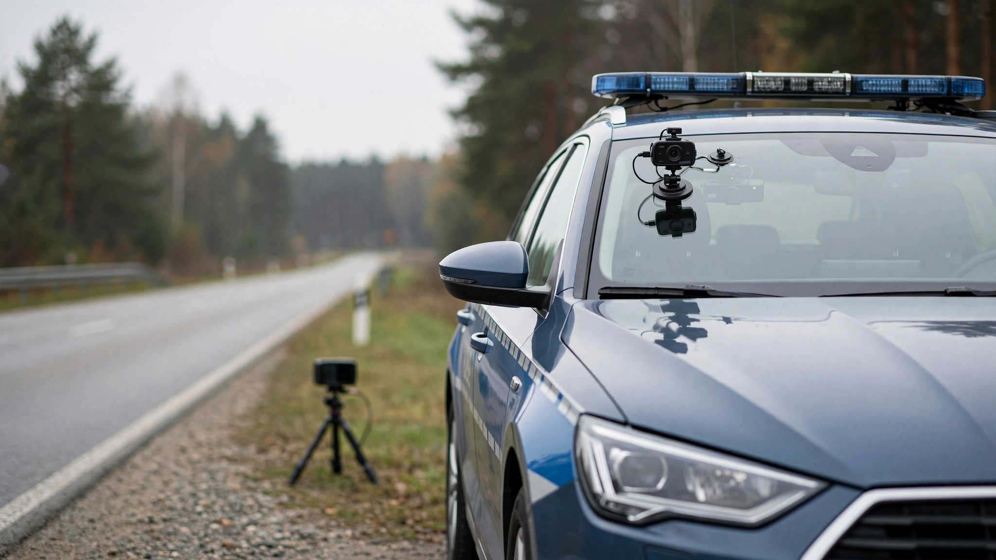 Policyjny radiowóz z wideorejestratorem podczas kontroli prędkości na drodze pod Olsztynem