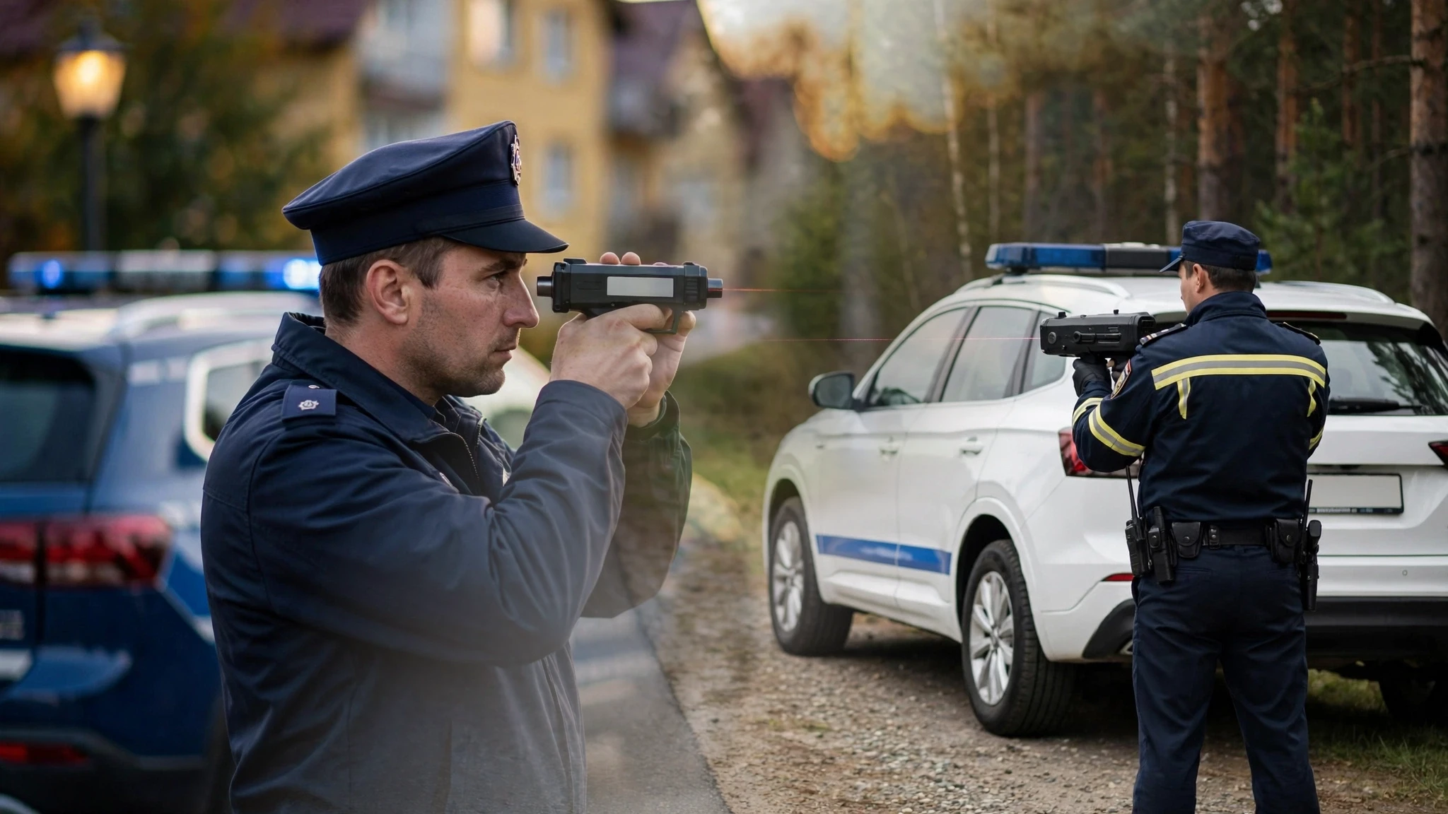 Policyjny radiowóz i funkcjonariusz mierzący prędkość laserowym miernikiem na drodze na Warmii i Mazurach