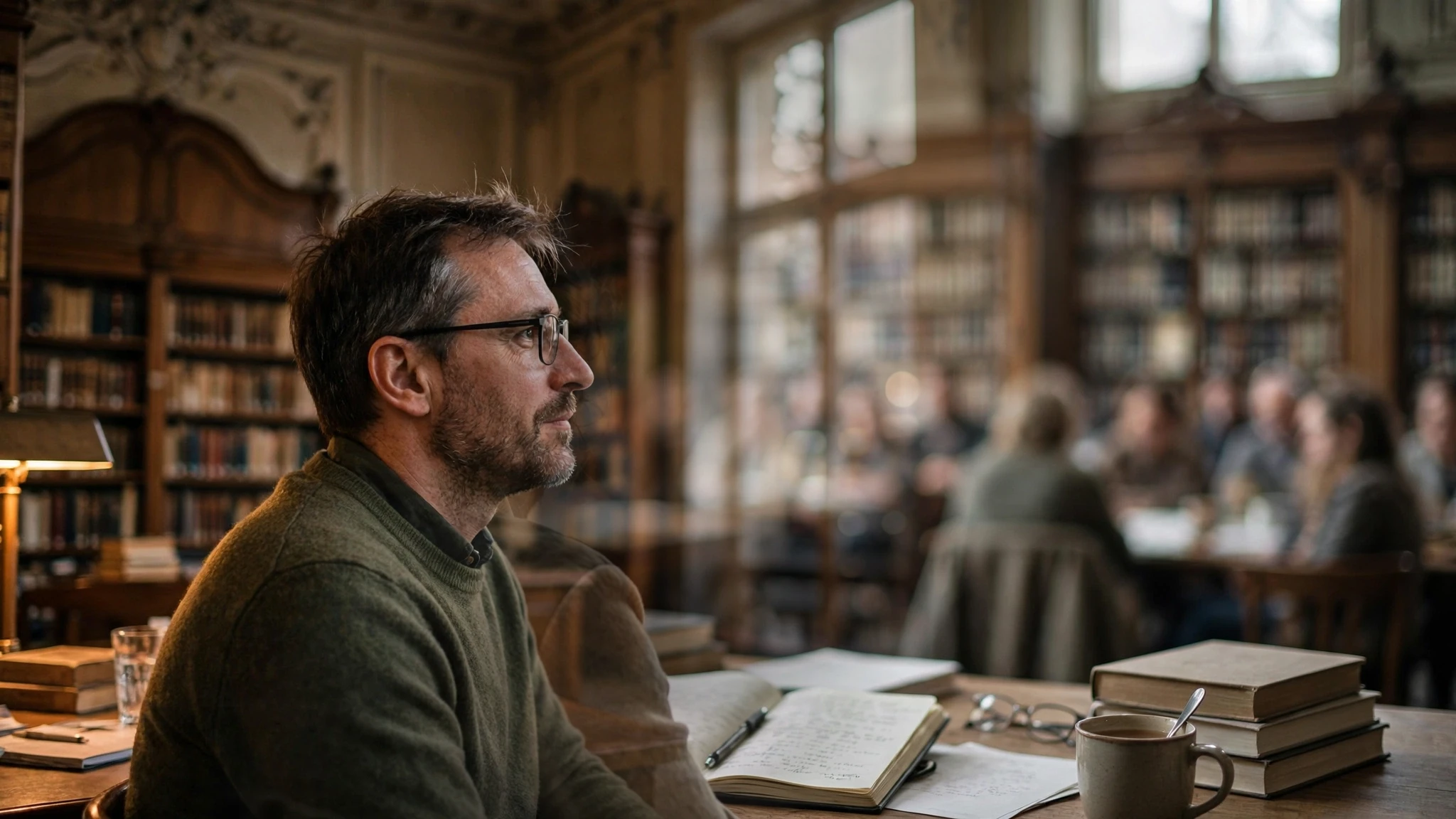 Pisarz podczas spotkania autorskiego z czytelnikami w zabytkowej sali biblioteki, w tle regały z książkami