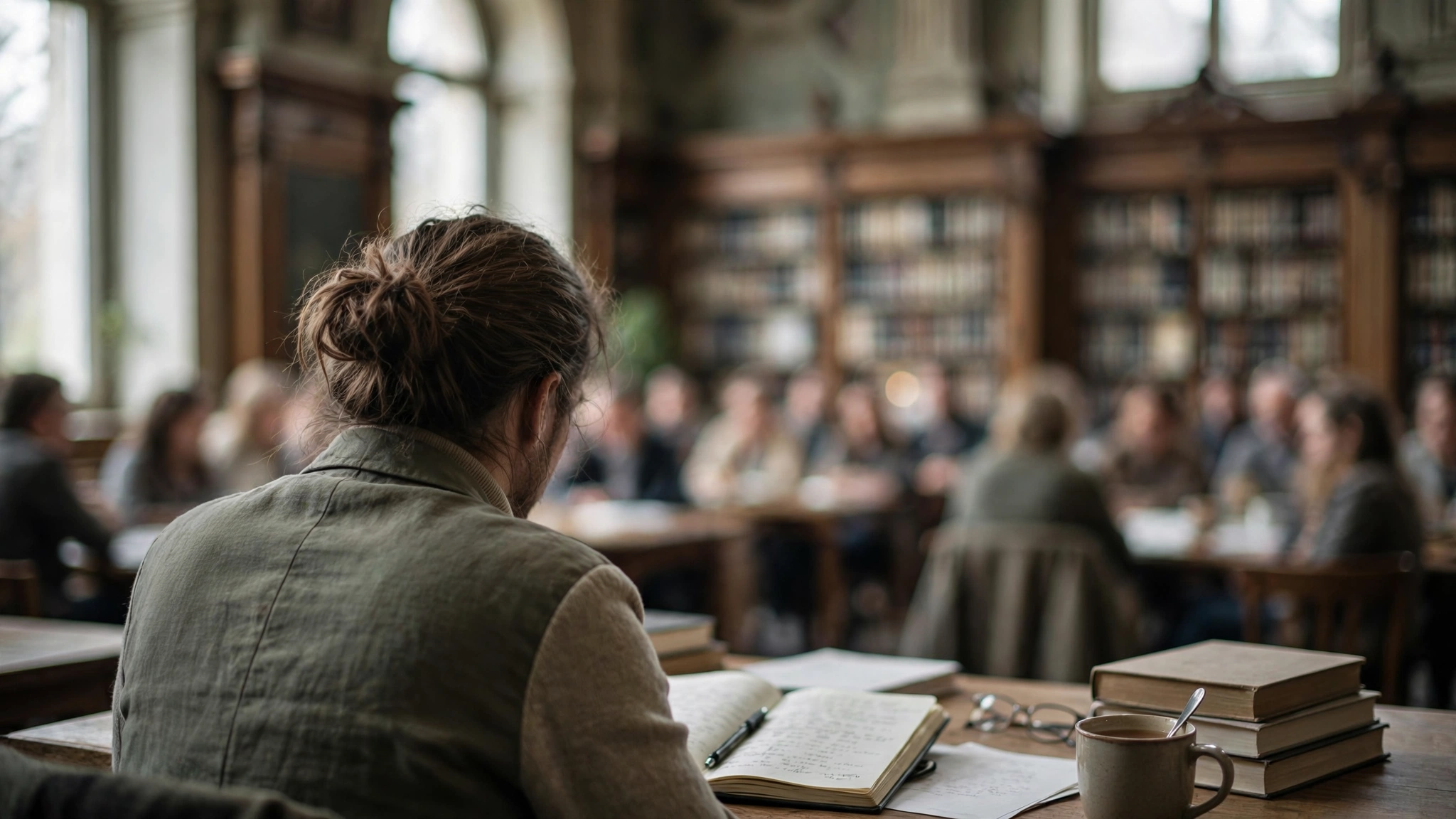 Pisarz podczas spotkania autorskiego z czytelnikami w zabytkowej sali biblioteki, w tle regały z książkami