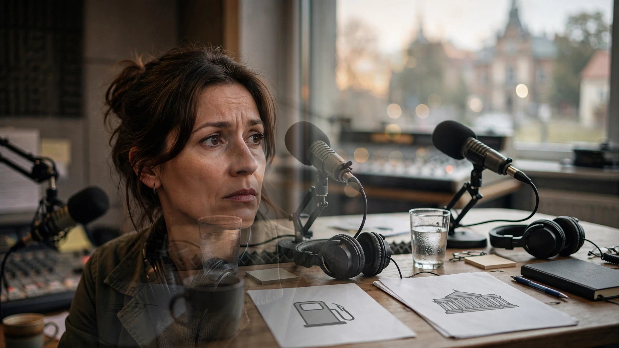 Studio radiowe podczas politycznej debaty o dronach, cenach paliw i zmianach w Sejmie