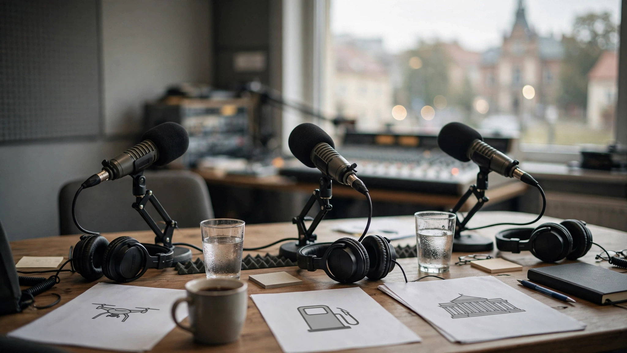 Studio radiowe podczas politycznej debaty o dronach, cenach paliw i zmianach w Sejmie
