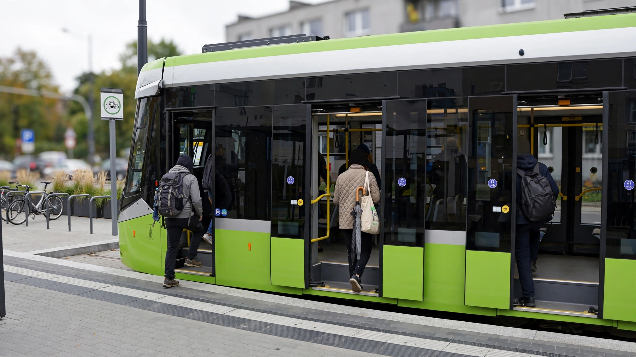 Pasażerowie wsiadają do olsztyńskiego tramwaju w Europejskim Dniu bez Samochodu