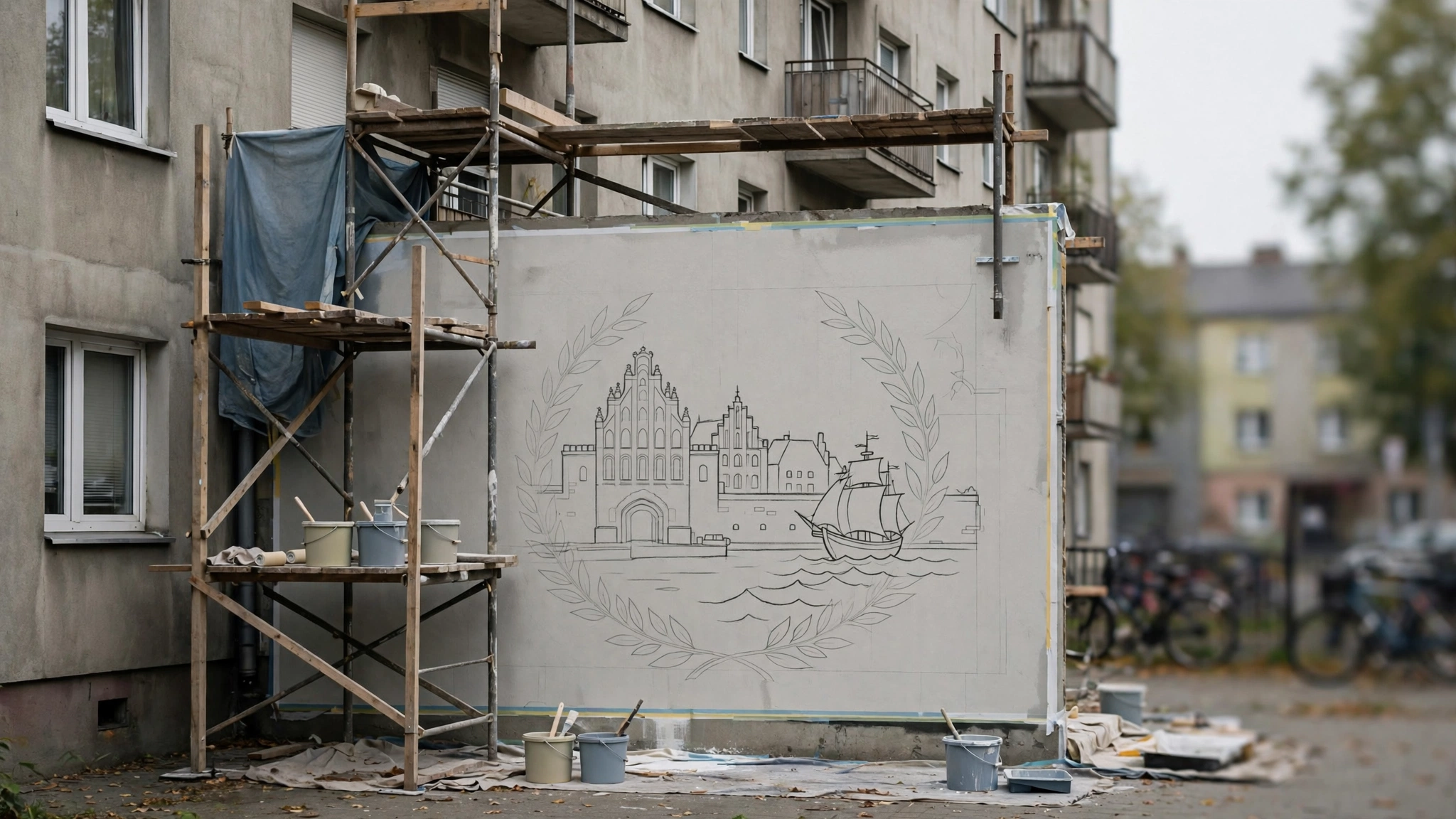 Ściana bloku przy ulicy Teatralnej w Elblągu, na której ma powstać jubileuszowy mural na 780-lecie miasta