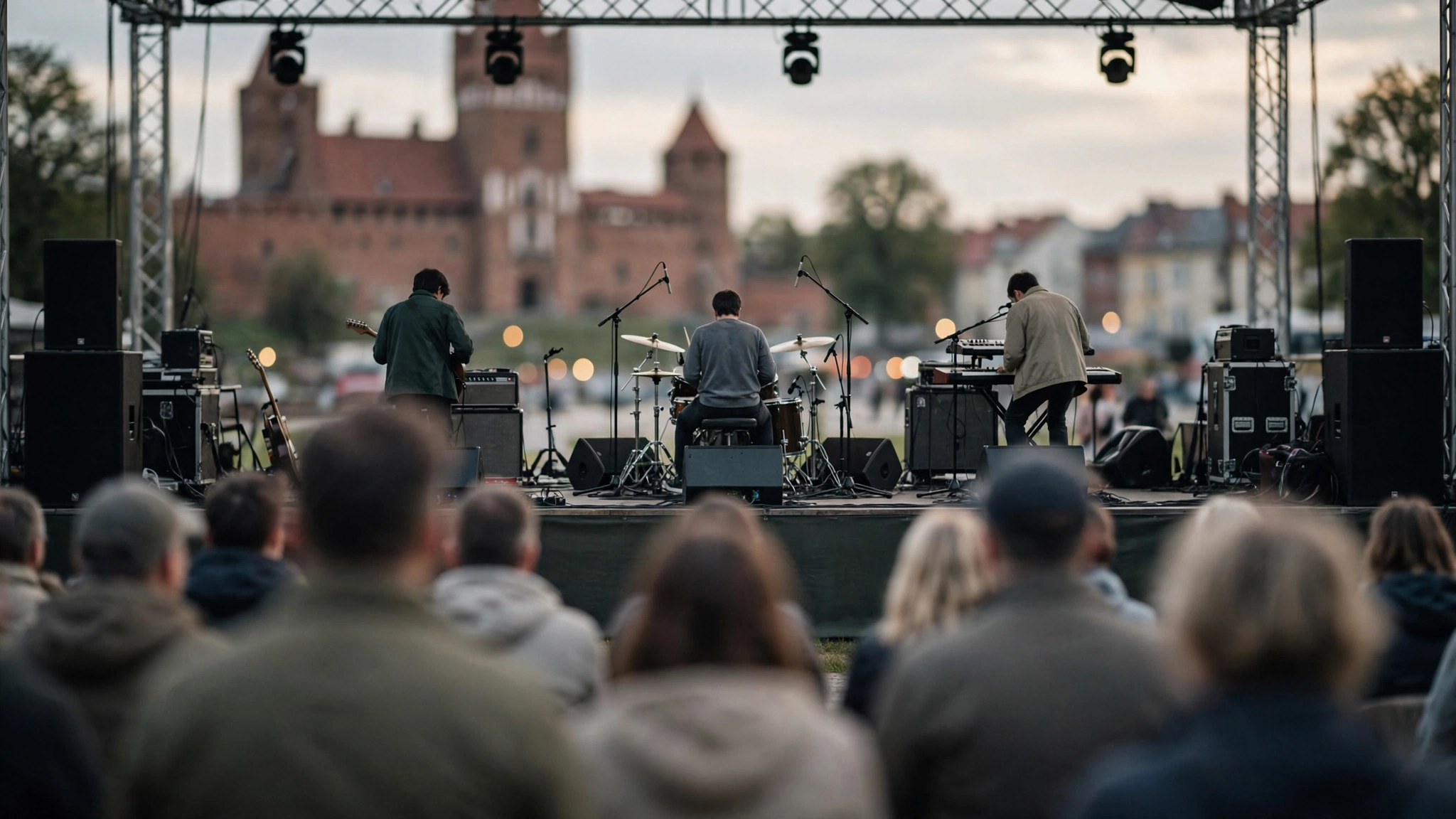 Scena koncertowa podczas wieczornego występu na żywo w Olsztynie, muzycy i publiczność
