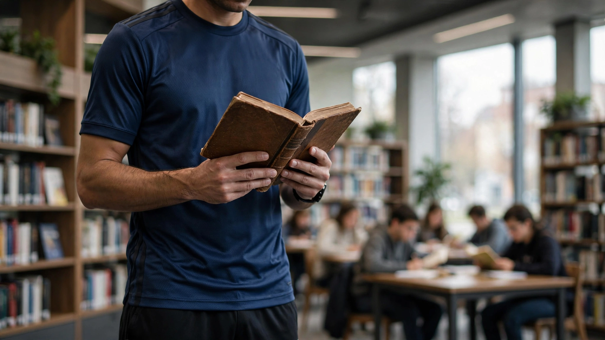 Piłkarz trzymający starą księgę w nowoczesnej bibliotece, w tle regały z książkami i uczniowie