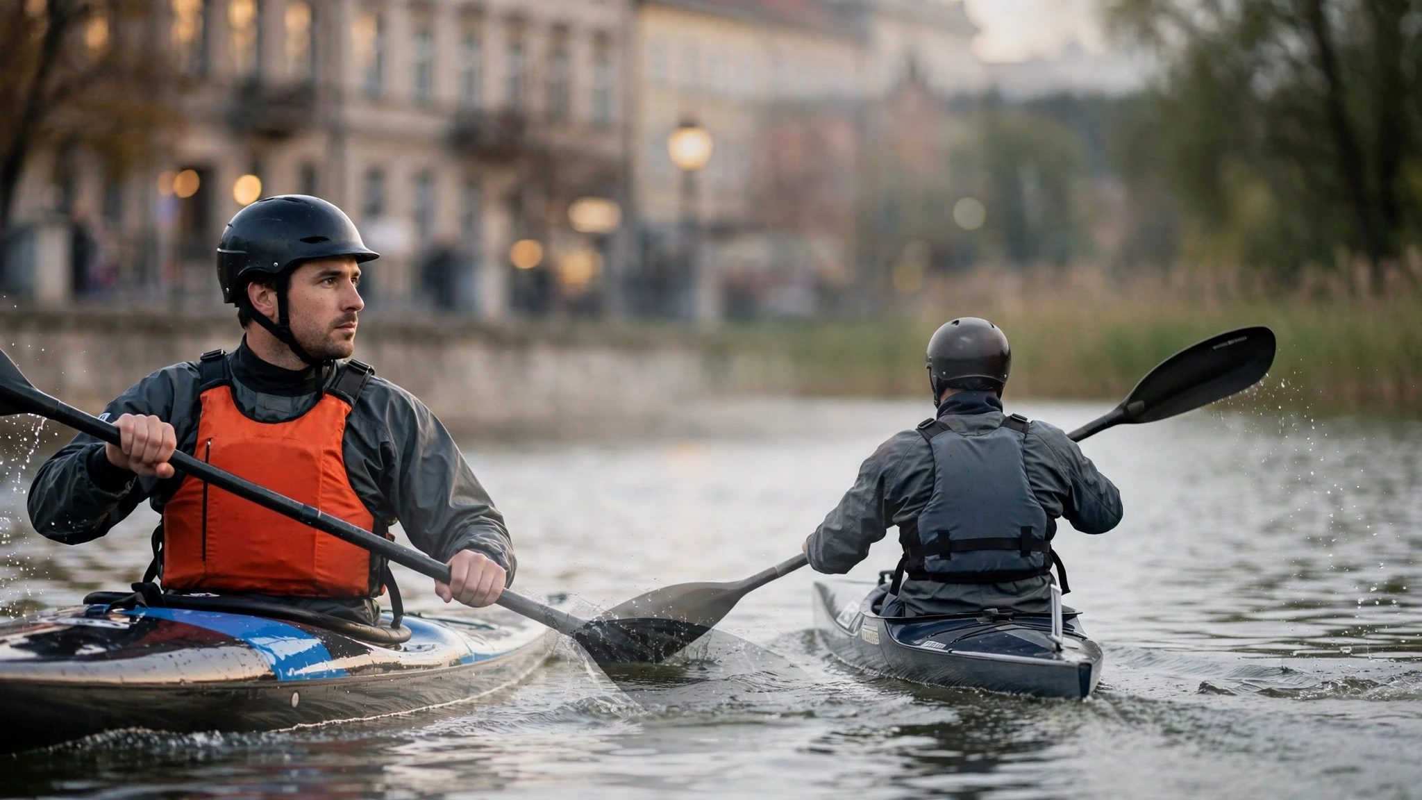 Kajakarz na wodzie podczas zawodów w Olsztynie, w tle łódź służb zabezpieczających trasę