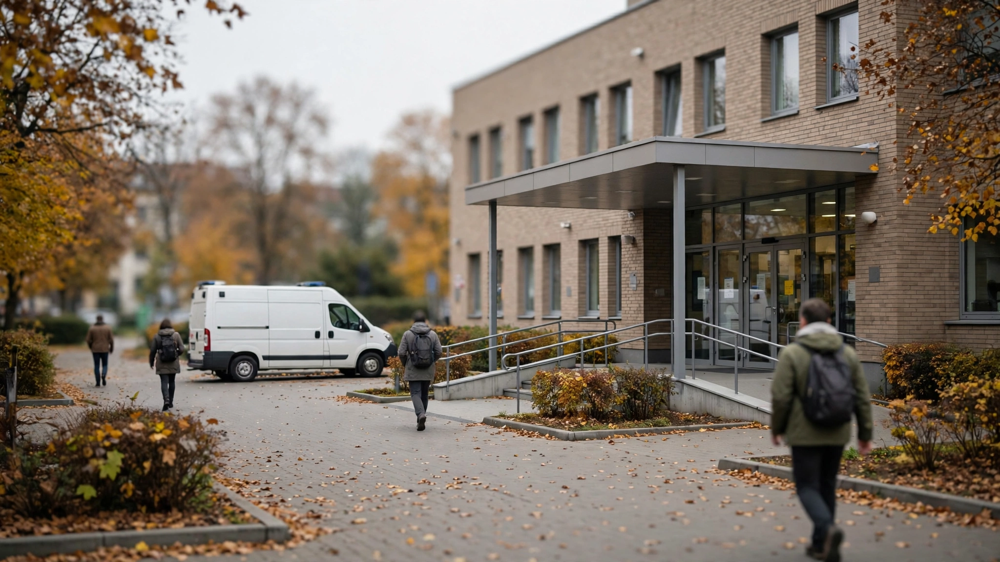 Budynek szpitala w Olsztynie jesienią, przed wejściem karetka i przechodzący pacjenci