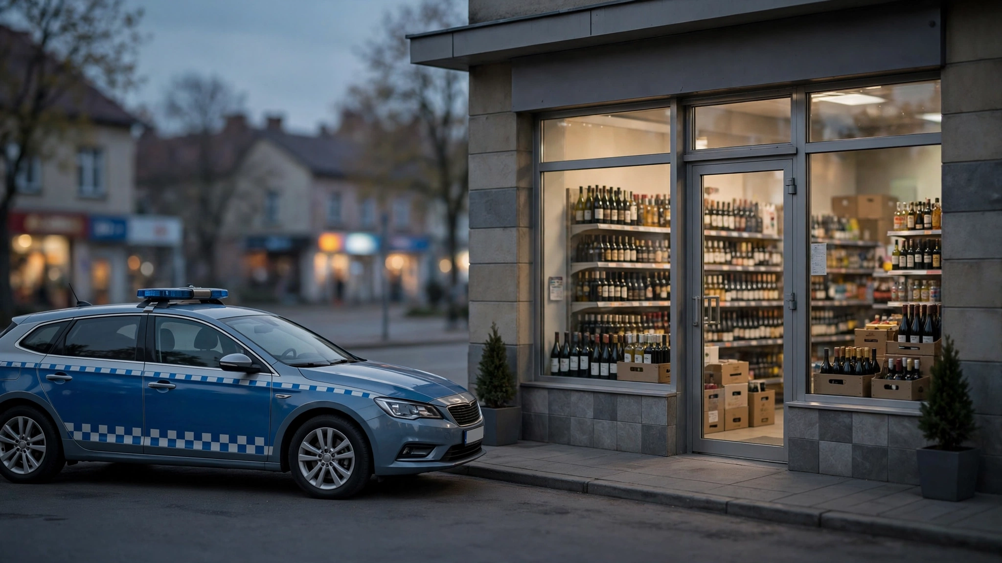 Radiowóz policji przed sklepem w Olsztynie wieczorem, ilustracja do sprawy kradzieży alkoholu