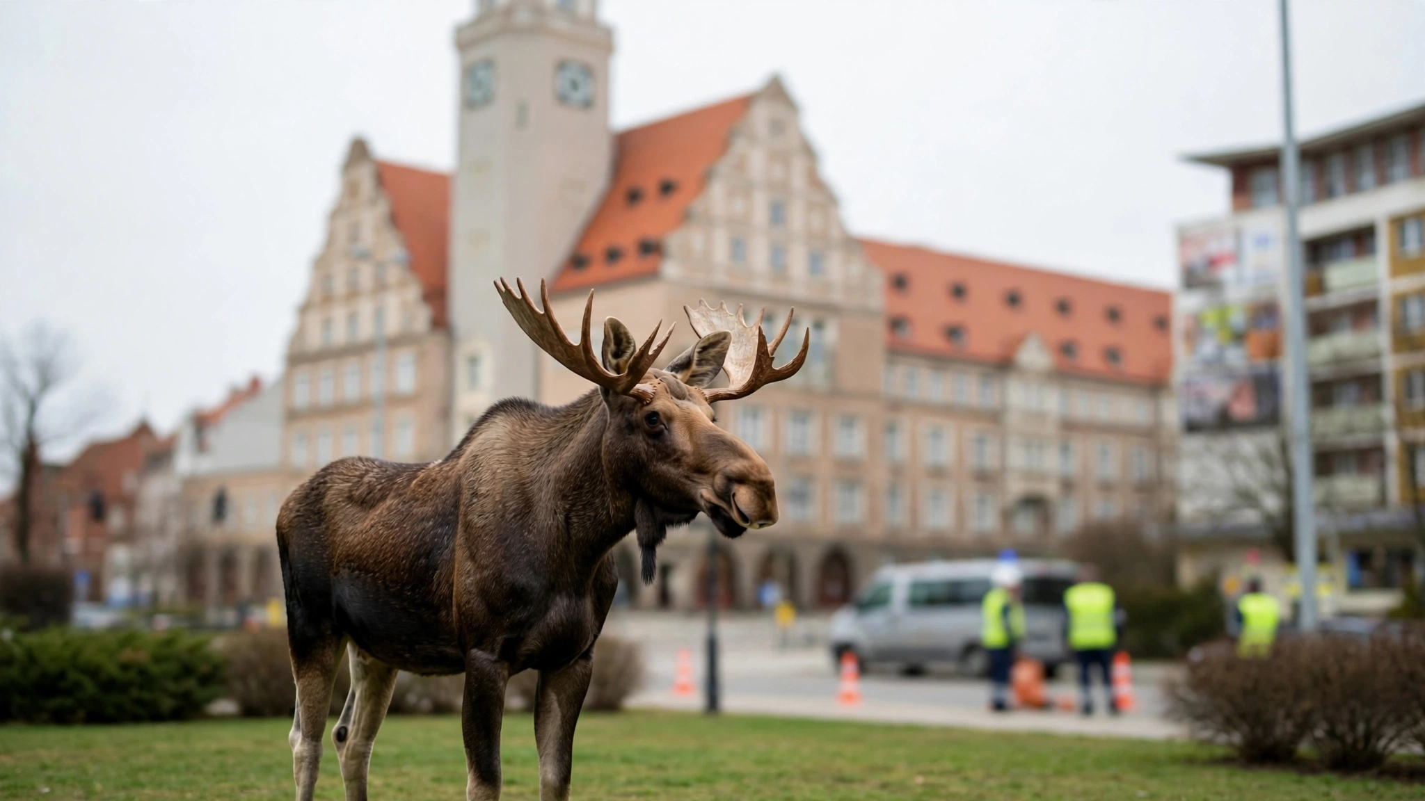 Łoś stojący na trawniku w centrum miasta w pobliżu ratusza, w tle służby miejskie