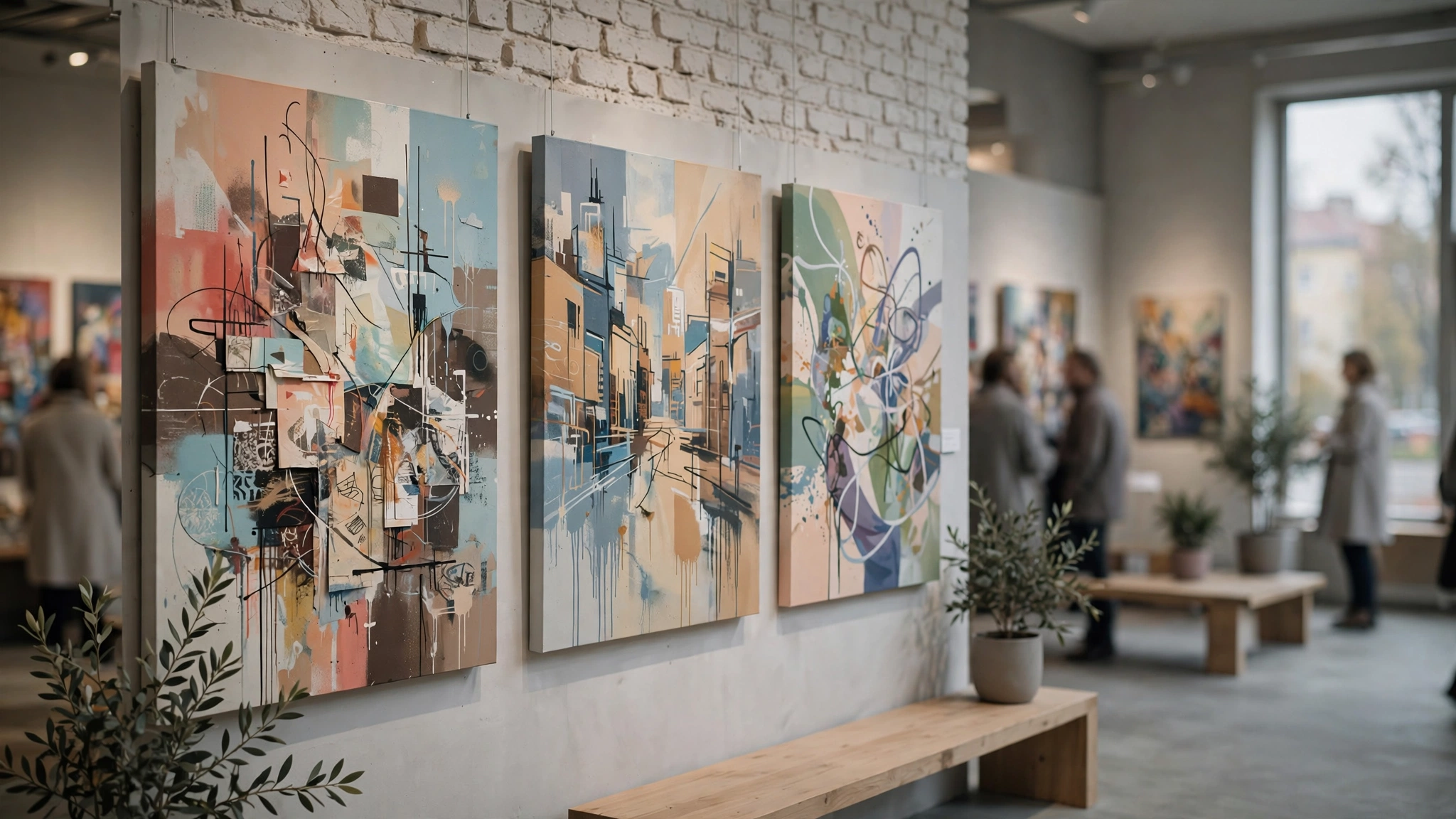 Wnętrze galerii sztuki z kolorowymi pracami streetartowymi i zwiedzającymi podczas wernisażu