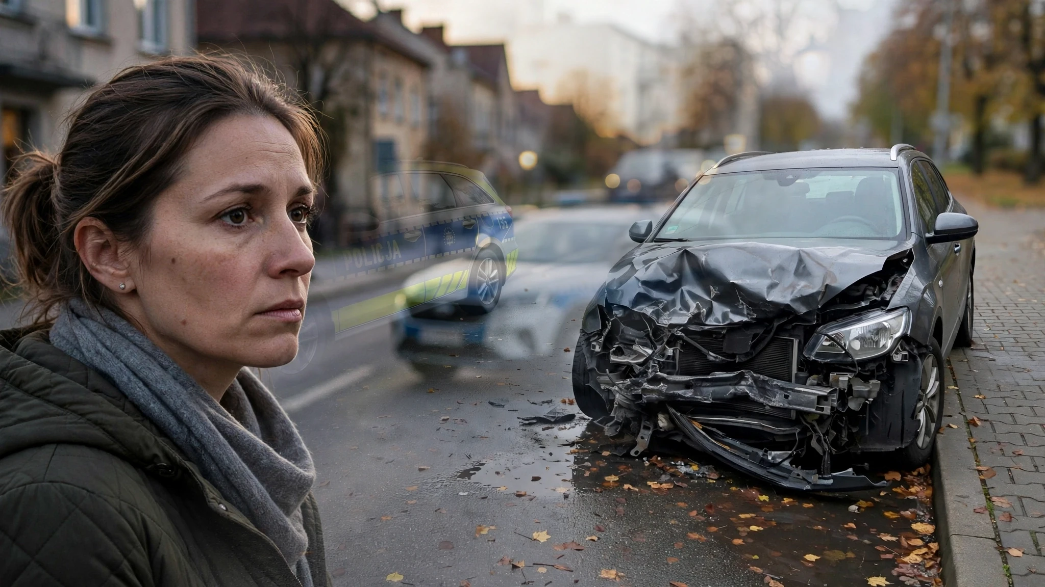 Radiowóz policji i rozbity samochód na ulicy w Olsztynie po weekendowych zdarzeniach drogowych