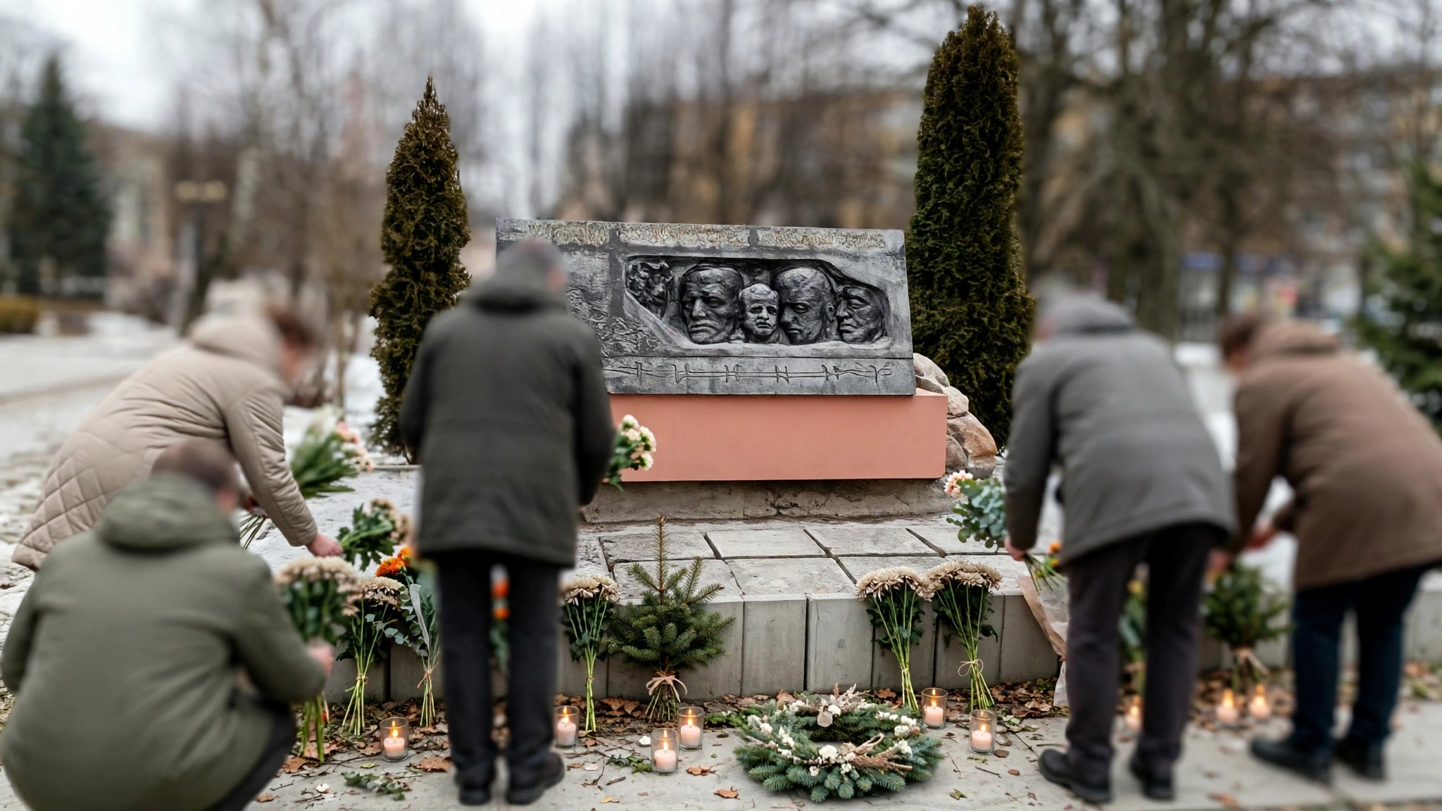 Delegacje składające kwiaty i znicze pod pomnikiem Zesłańców Syberyjskich w Olsztynie w Światowy Dzień Sybiraka