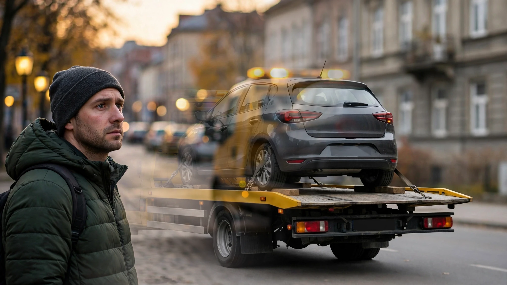 Laweta odwożąca samochód spod znaku zakazu zatrzymywania na ulicy w Olsztynie