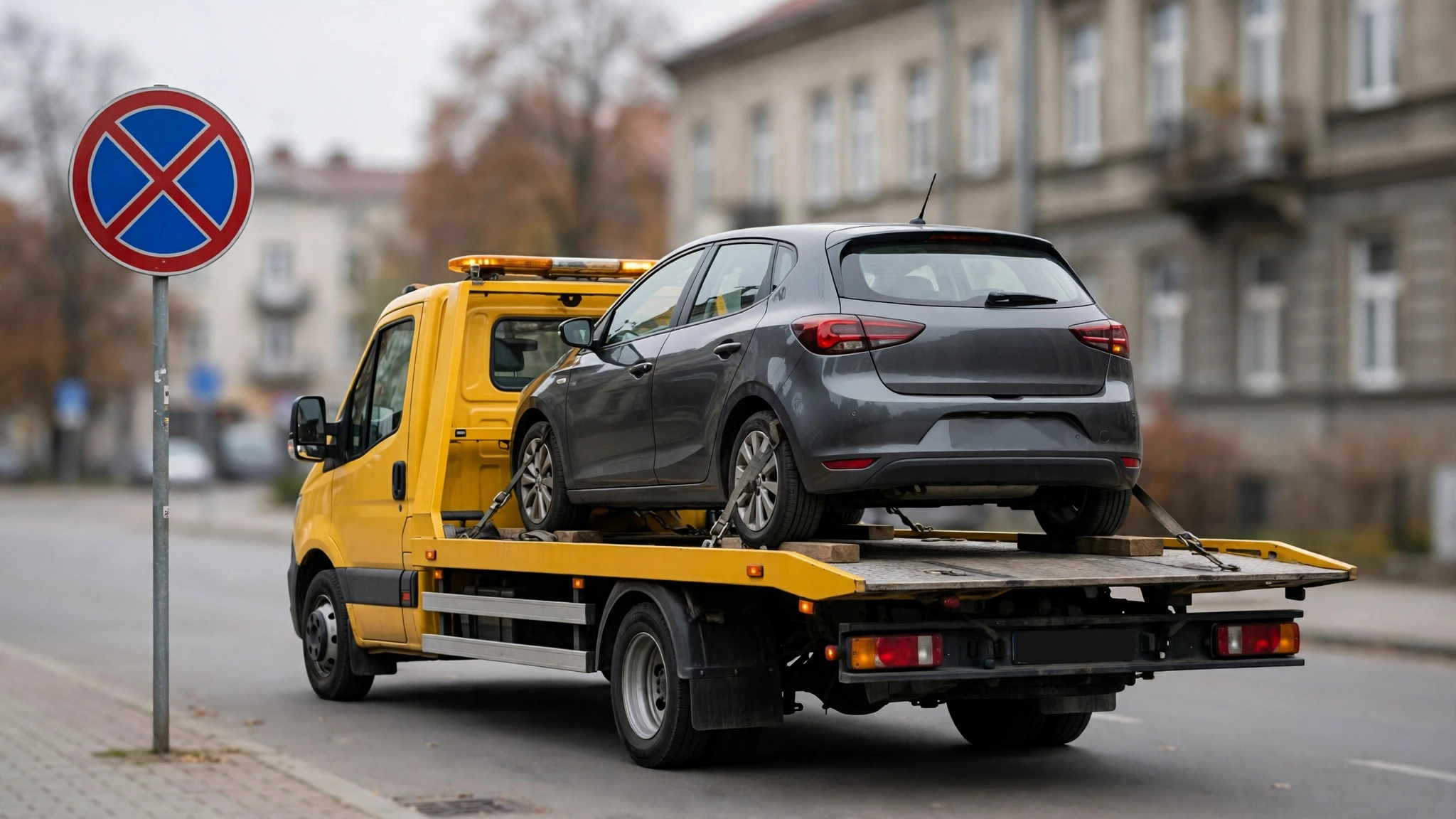 Laweta odwożąca samochód spod znaku zakazu zatrzymywania na ulicy w Olsztynie