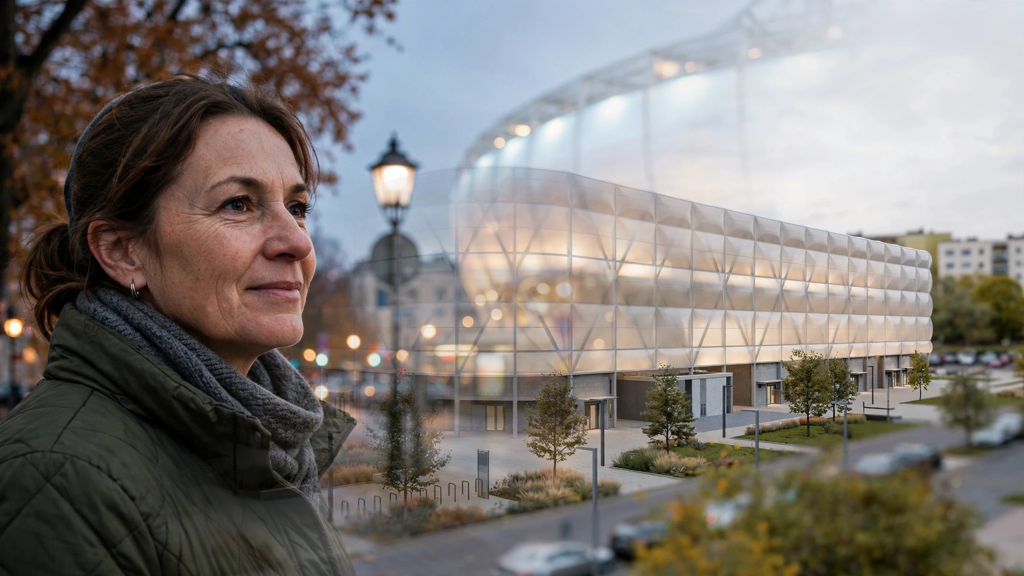 Wizualizacja nowego stadionu Stomilu Olsztyn przy al. Piłsudskiego z podświetloną elewacją membranową