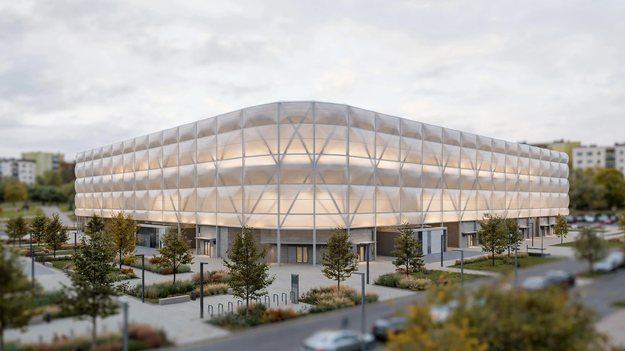 Wizualizacja nowego stadionu Stomilu Olsztyn przy al. Piłsudskiego z podświetloną elewacją membranową