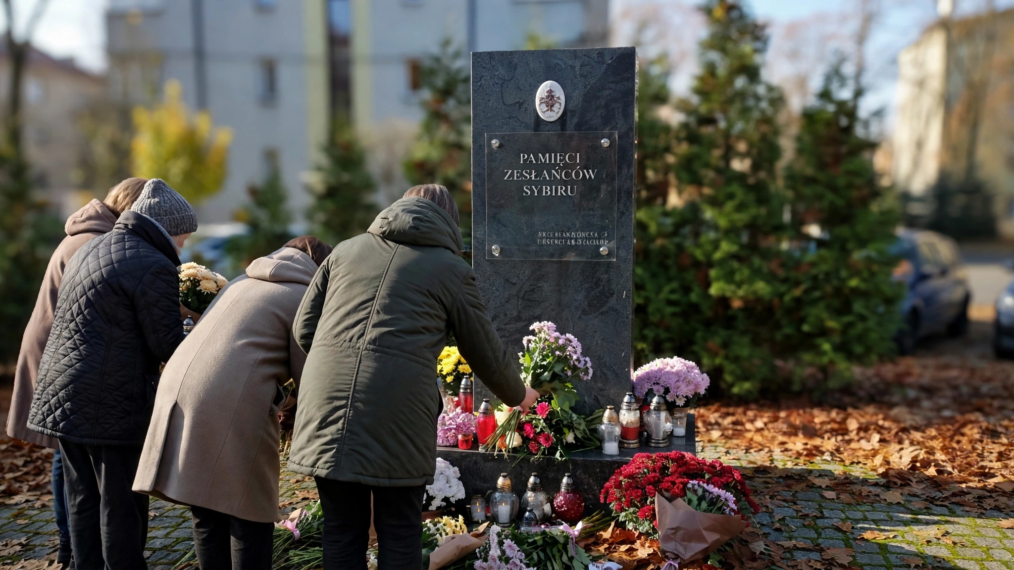 Uczestnicy uroczystości składający kwiaty pod pomnikiem Pamięci Zesłańców Sybiru w Olsztynie
