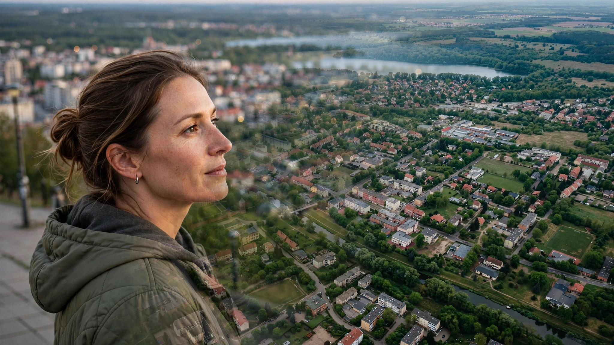 Panorama Olsztyna z lotu ptaka z rozległymi terenami zielonymi i jeziorem w tle