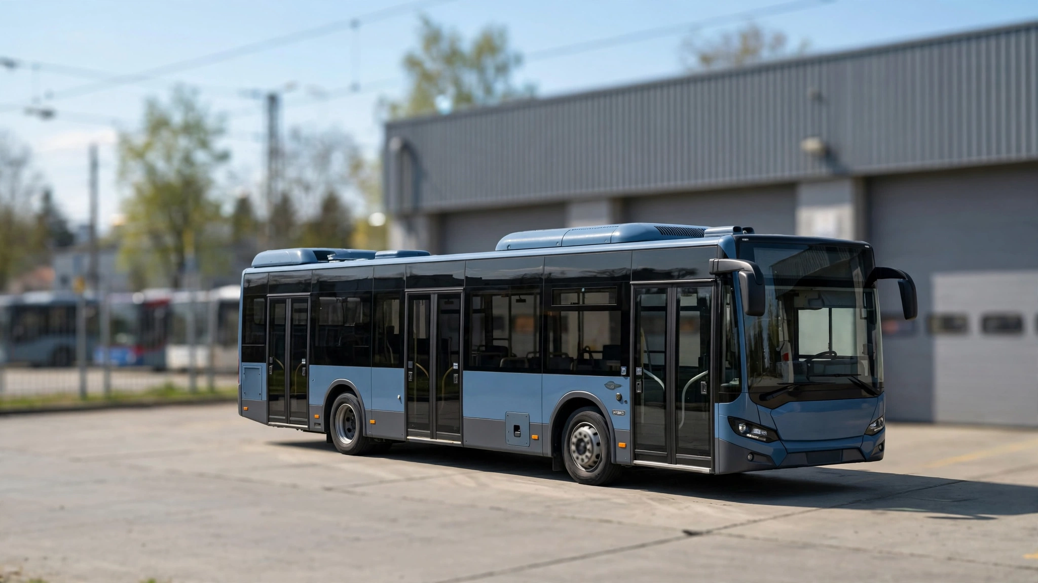 Nowy niebieski autobus hybrydowy MPK Olsztyn zaparkowany przed zajezdnią w słoneczny dzień