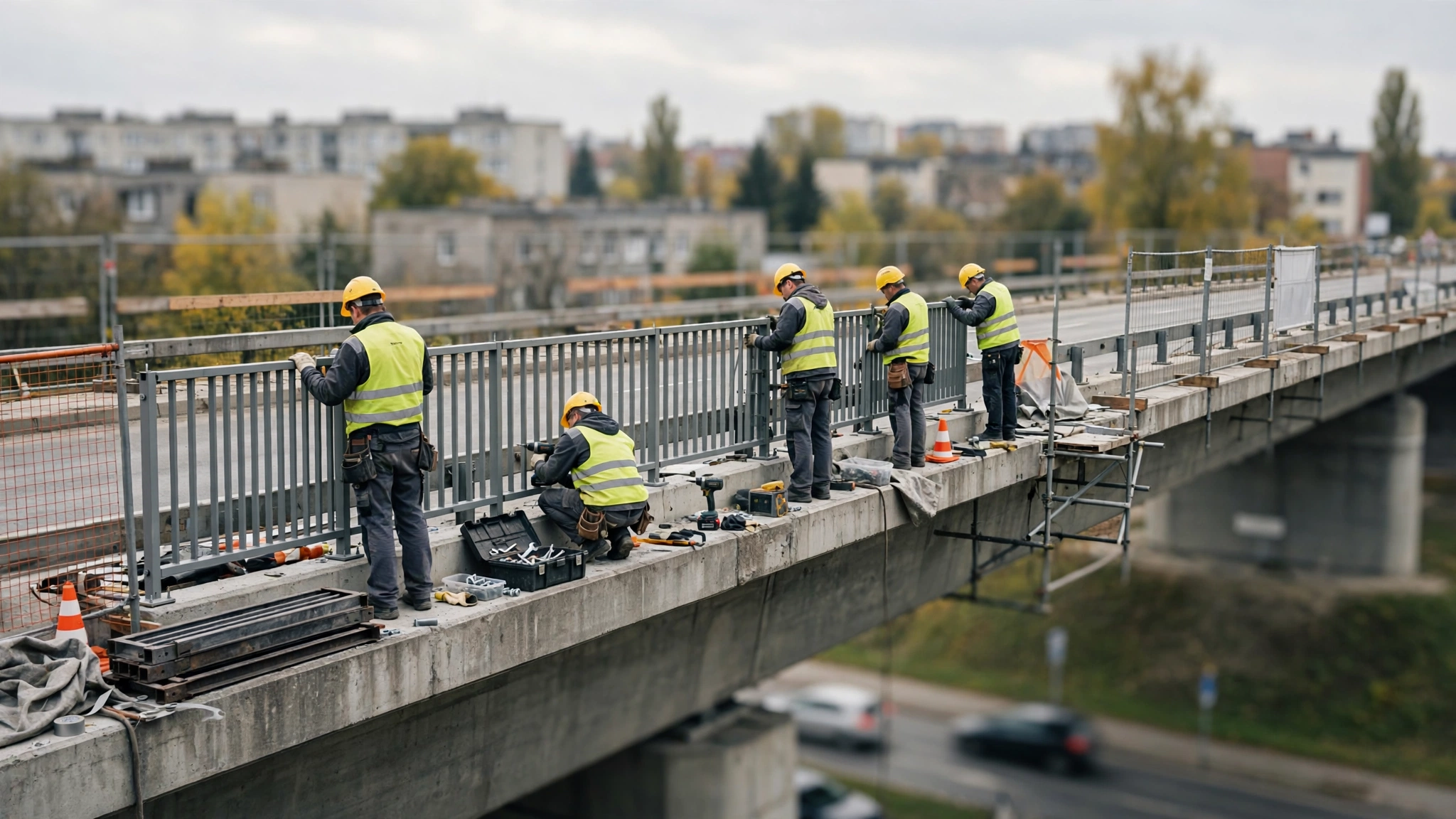 Wiadukt w ciągu ulicy Limanowskiego w Olsztynie podczas remontu, drogowcy przy wymianie balustrad