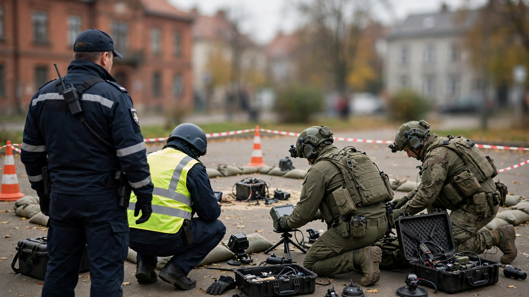 Policjanci i saperzy podczas wspólnych ćwiczeń z rozpoznania zagrożeń w Olsztynie