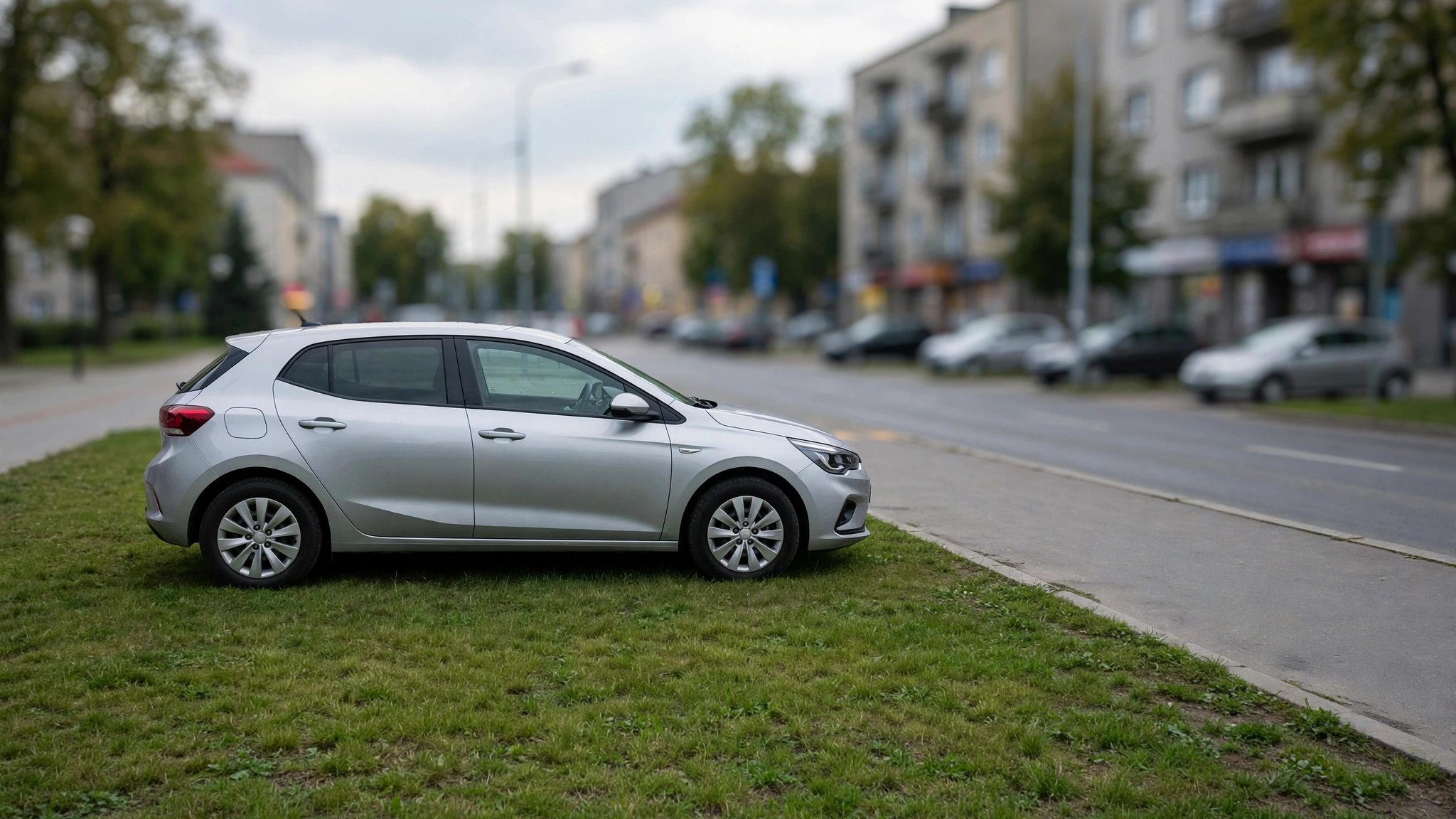 Samochód osobowy zaparkowany na trawniku przy miejskiej ulicy w Olsztynie