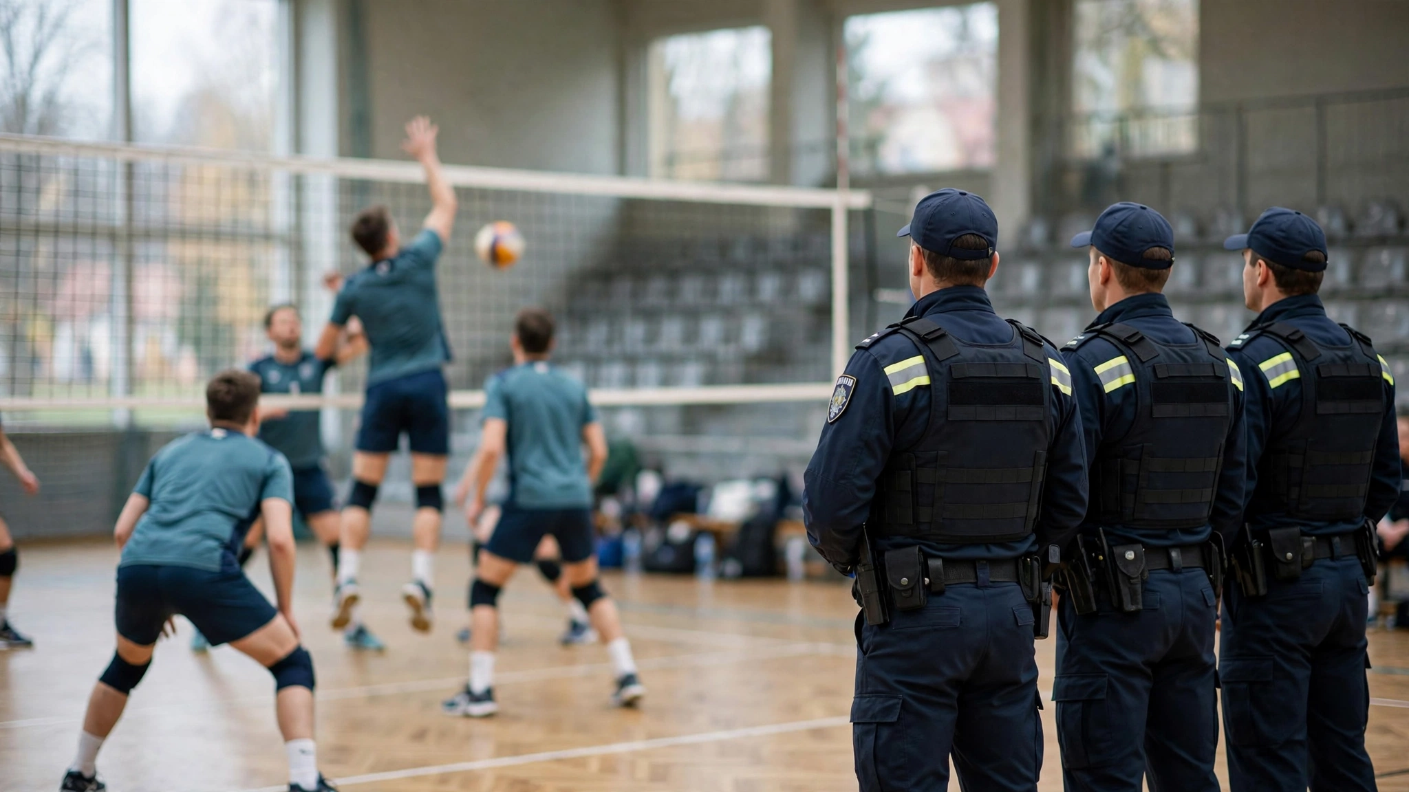 Policjanci na parkiecie podczas turnieju siatkówki, drużyna z Olsztyna w akcji przy siatce