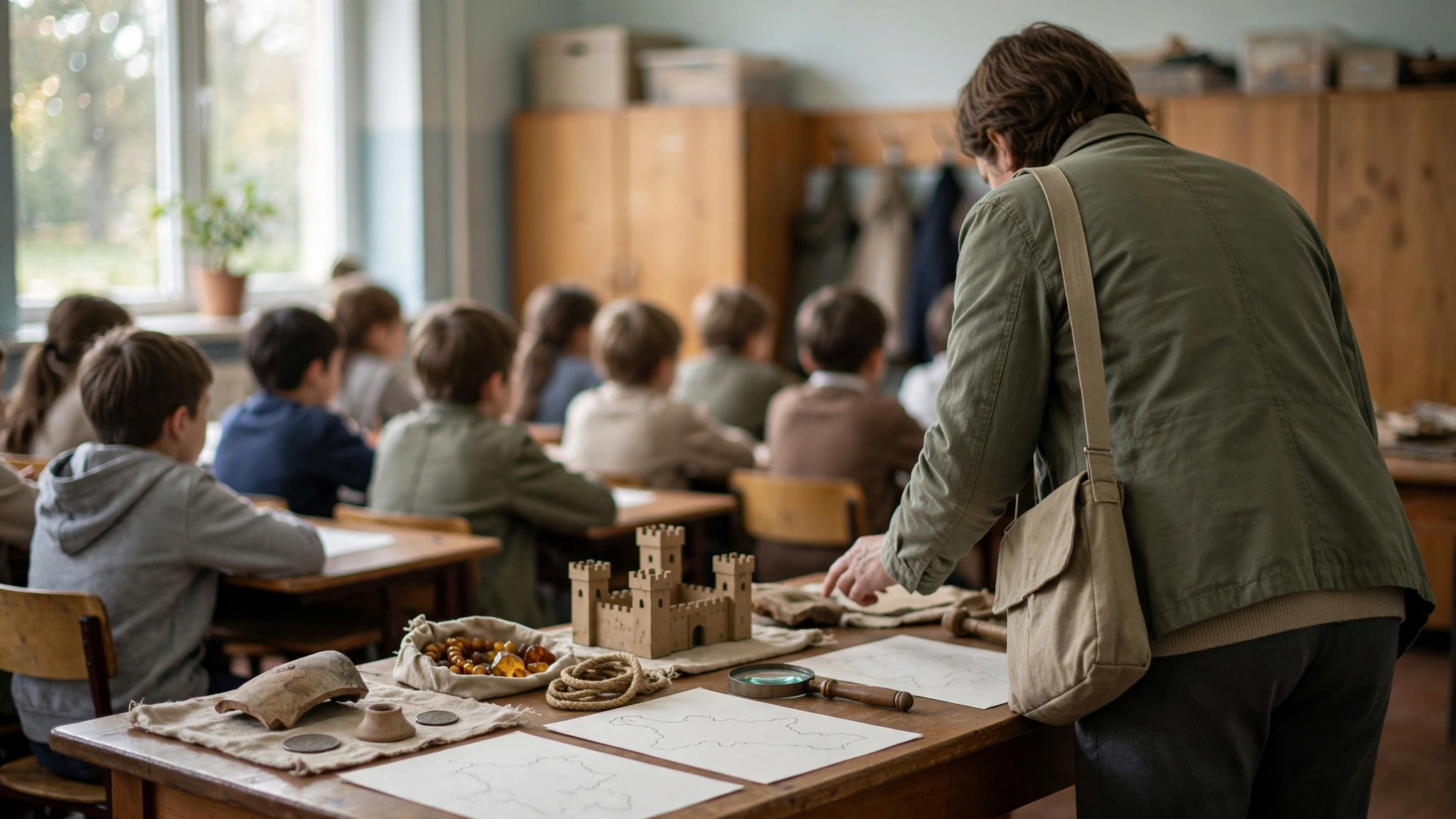 Edukator Muzeum Warmii i Mazur prowadzi mobilne zajęcia historyczne dla dzieci w klasie szkolnej