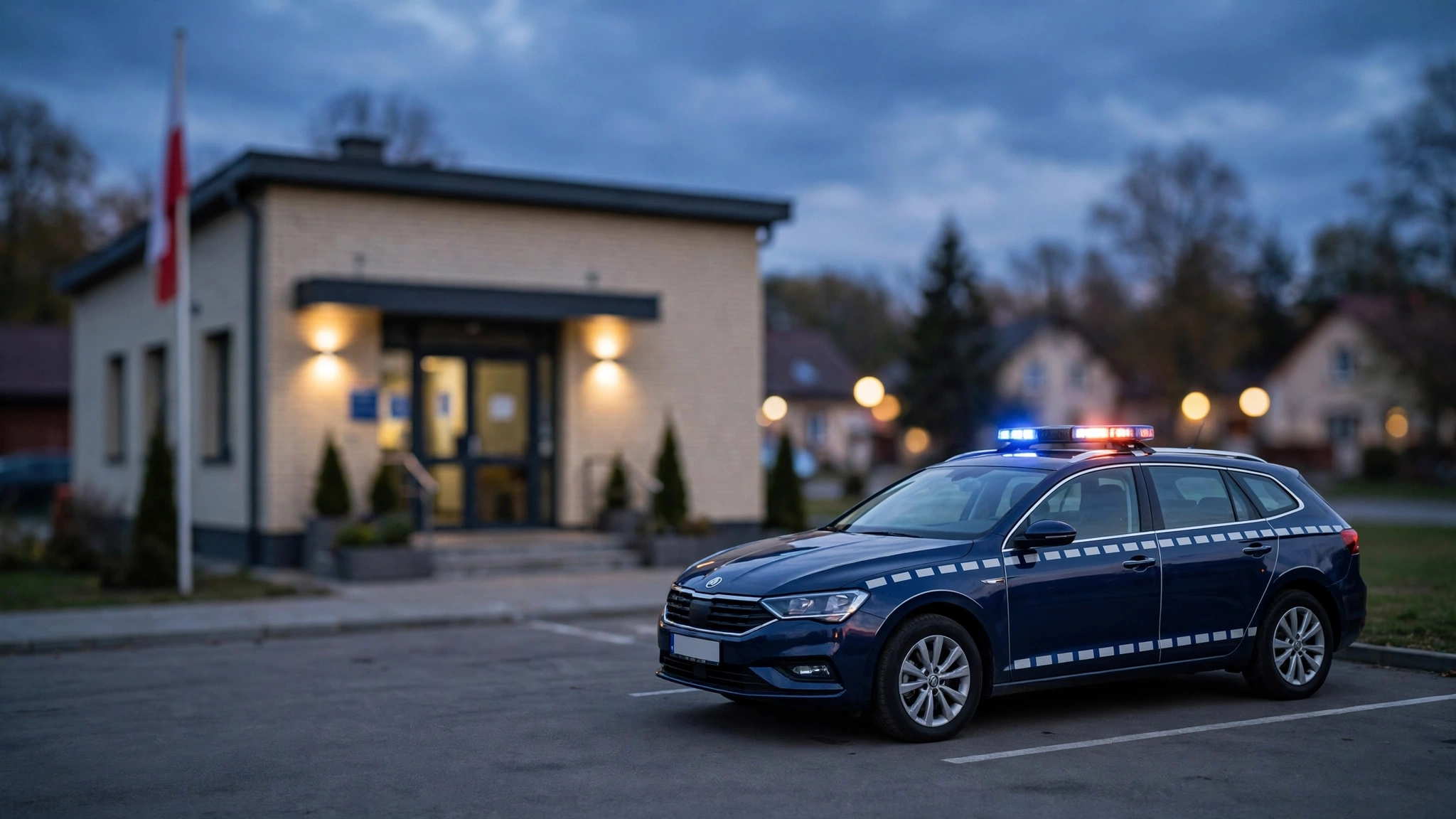 Komisariat policji w Biskupcu wieczorem, przed budynkiem stoi radiowóz z włączonymi światłami