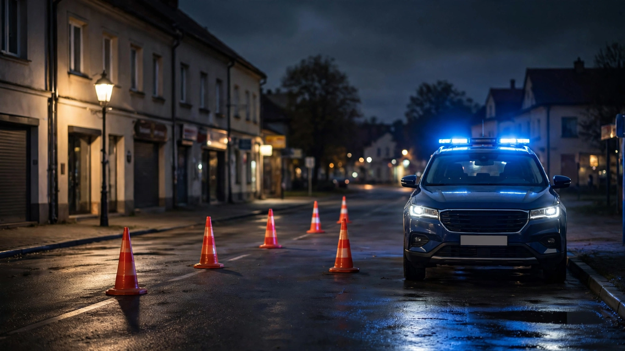Nocna kontrola drogowa policji na ulicy w Morągu — radiowóz z włączonymi światłami