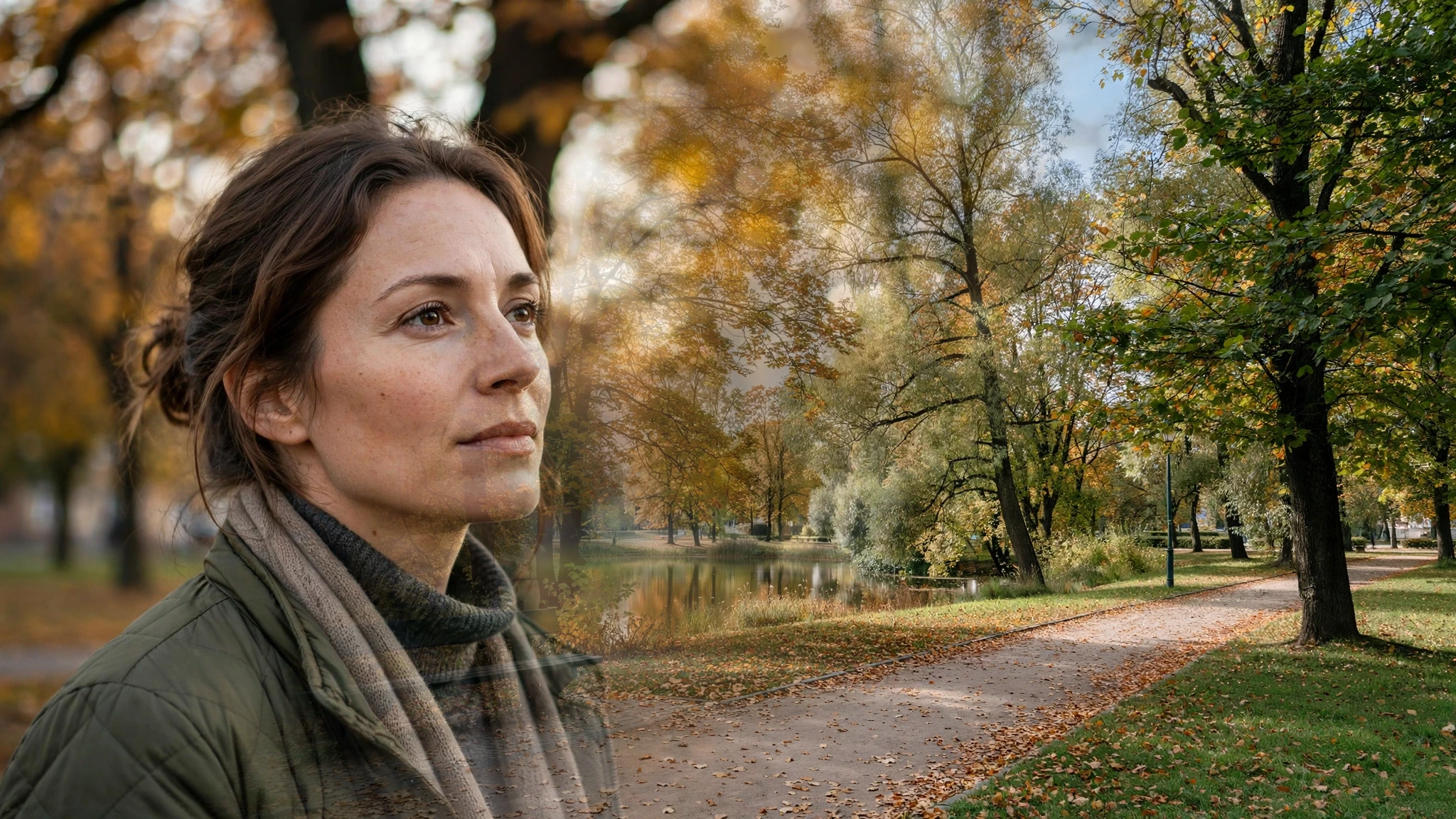 Jesienny park w Olsztynie w słoneczny wrześniowy dzień, przejaśnienia nad koronami drzew