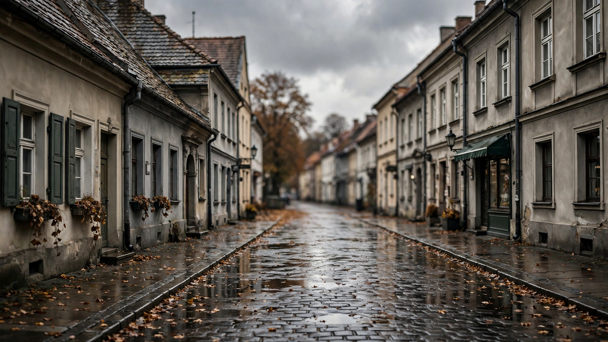 Pochmurne niebo nad Olsztynem w jesienny dzień, mokra ulica starówki po przelotnym deszczu