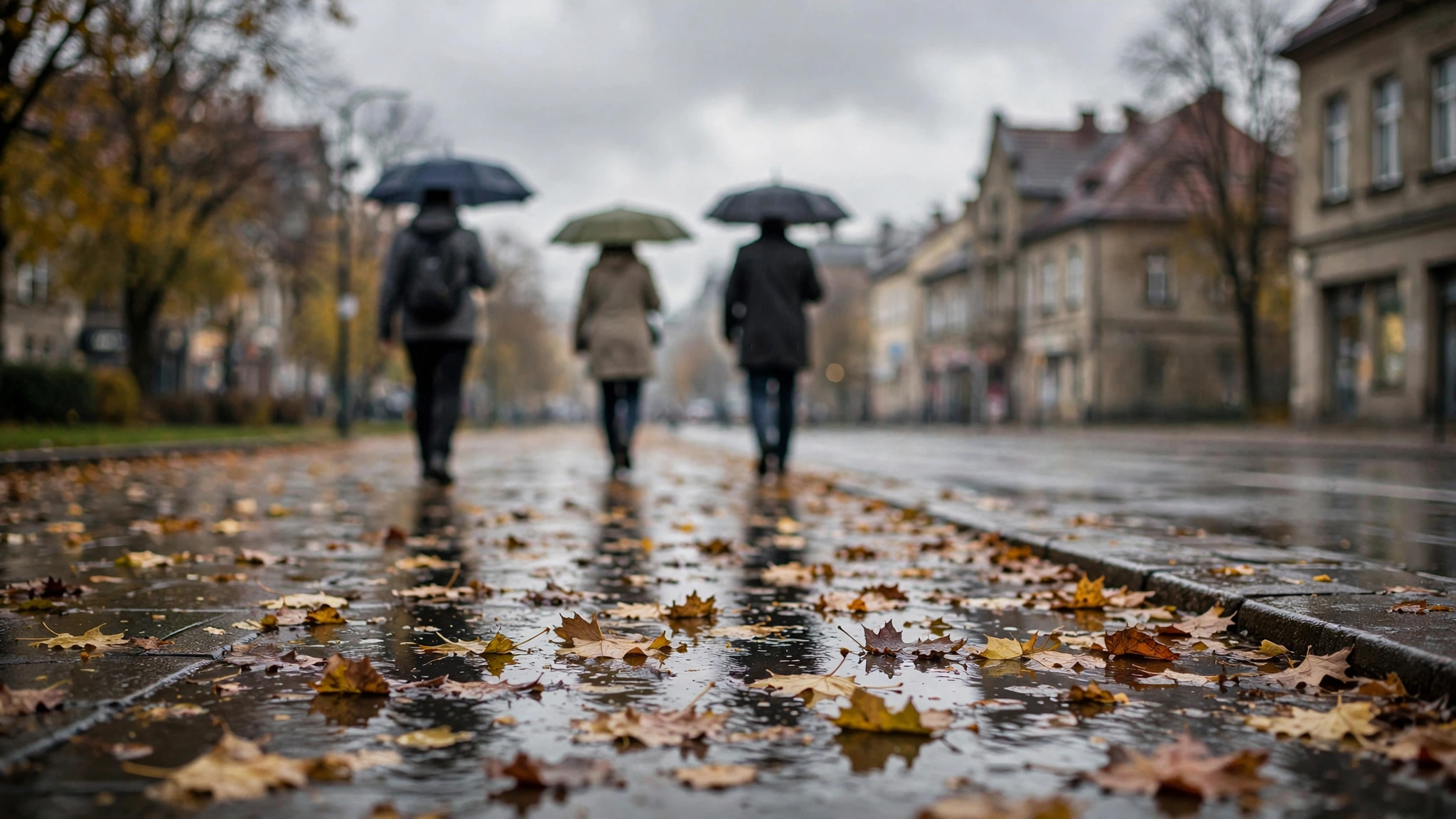 Pochmurne niebo nad Olsztynem jesienią, mokry chodnik po mżawce i przechodnie z parasolami