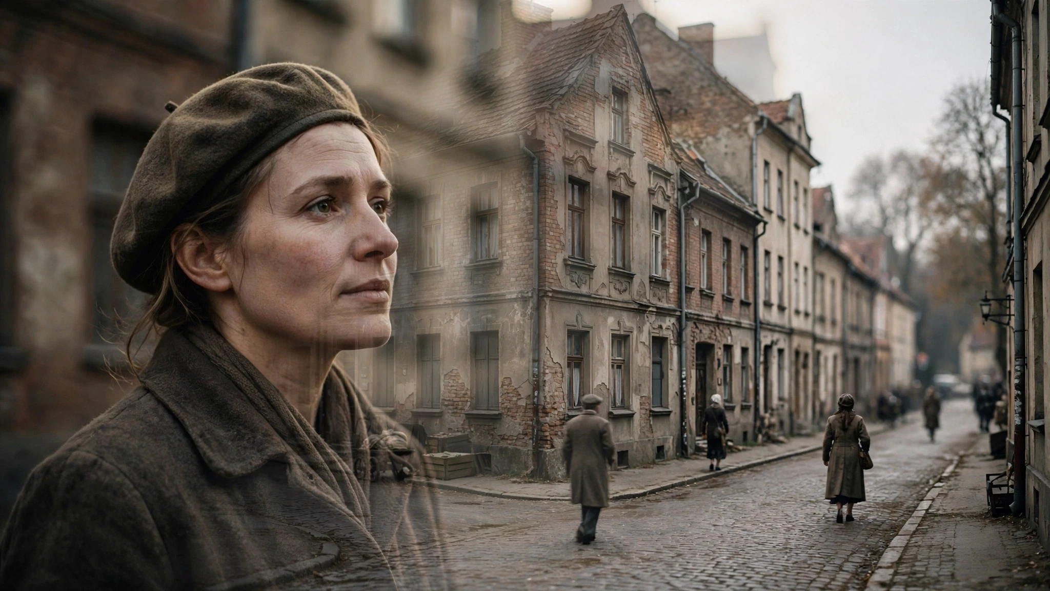 Kadr z filmu ożywiającego archiwalne zdjęcie powojennej ulicy Olsztyna z przechodniami i historyczną zabudową