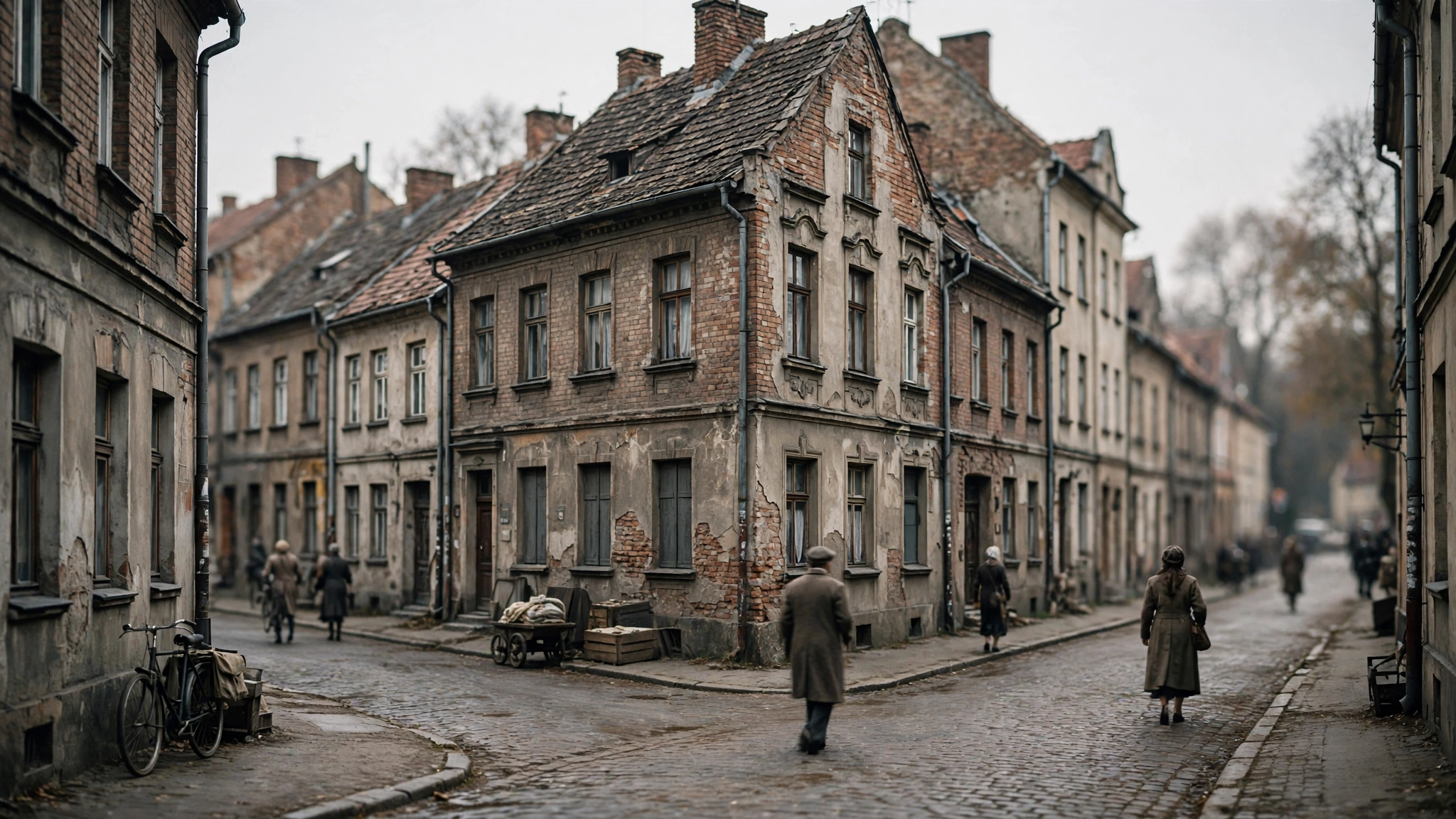 Kadr z filmu ożywiającego archiwalne zdjęcie powojennej ulicy Olsztyna z przechodniami i historyczną zabudową