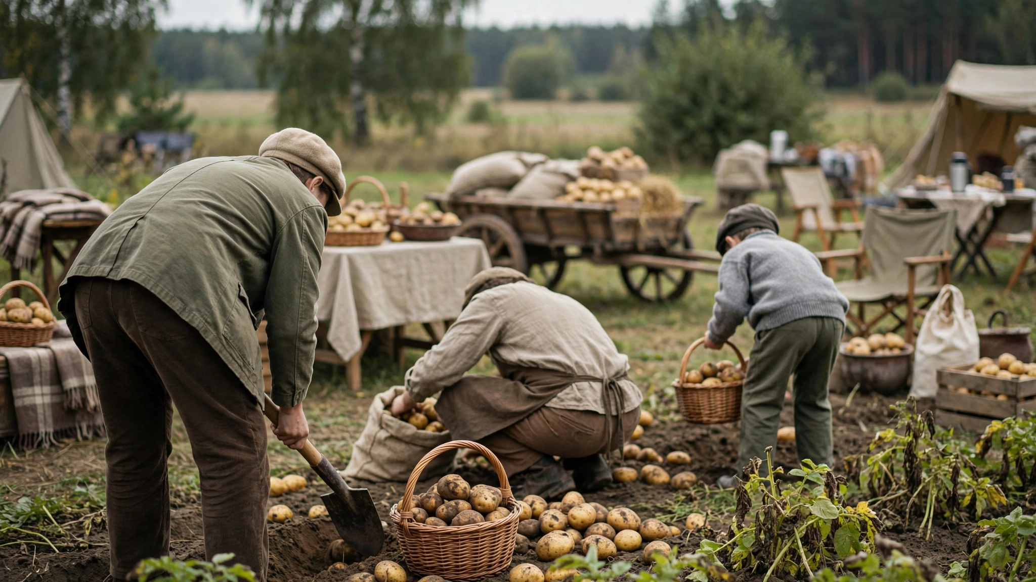 Uczestnicy Retro Wykopków w Linowcu podczas tradycyjnego kopania ziemniaków i rodzinnego festynu