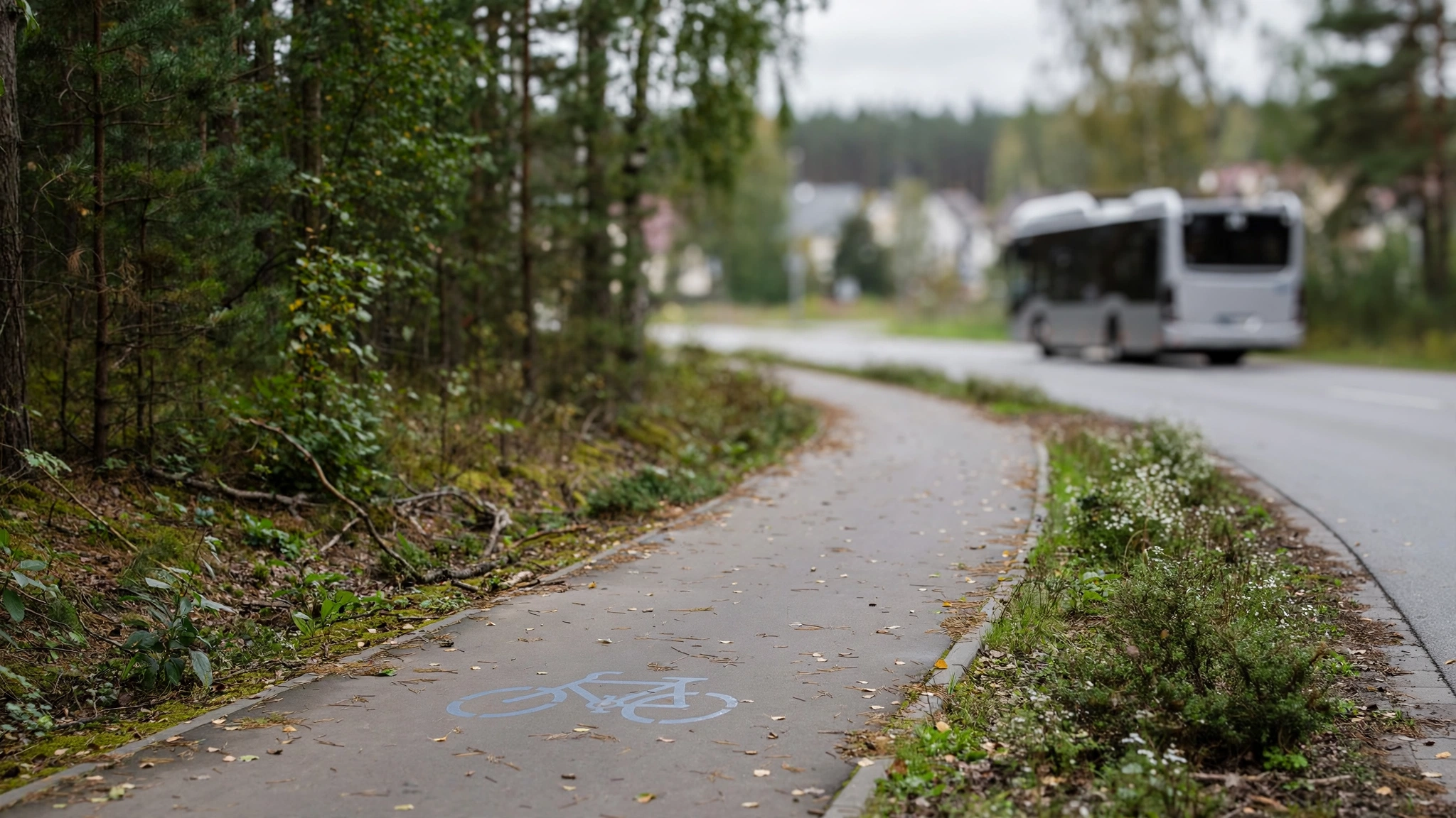 Ścieżka rowerowa wzdłuż drogi na obrzeżach miasta, obok lasu, z nowoczesnym autobusem elektrycznym w tle