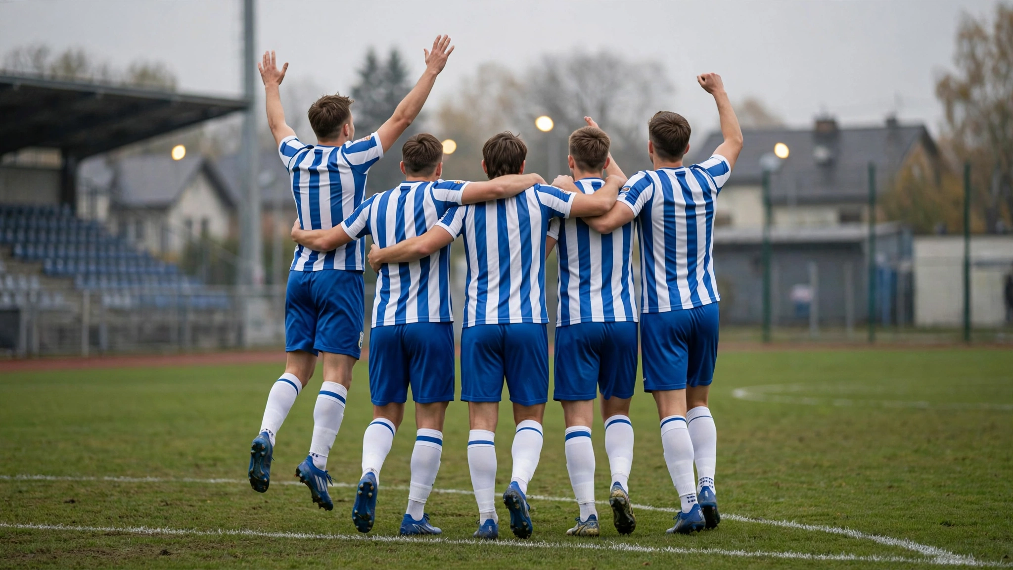 Piłkarze Stomilu Olsztyn cieszą się po golu w meczu z Pisą Barczewo na stadionie w Olsztynie