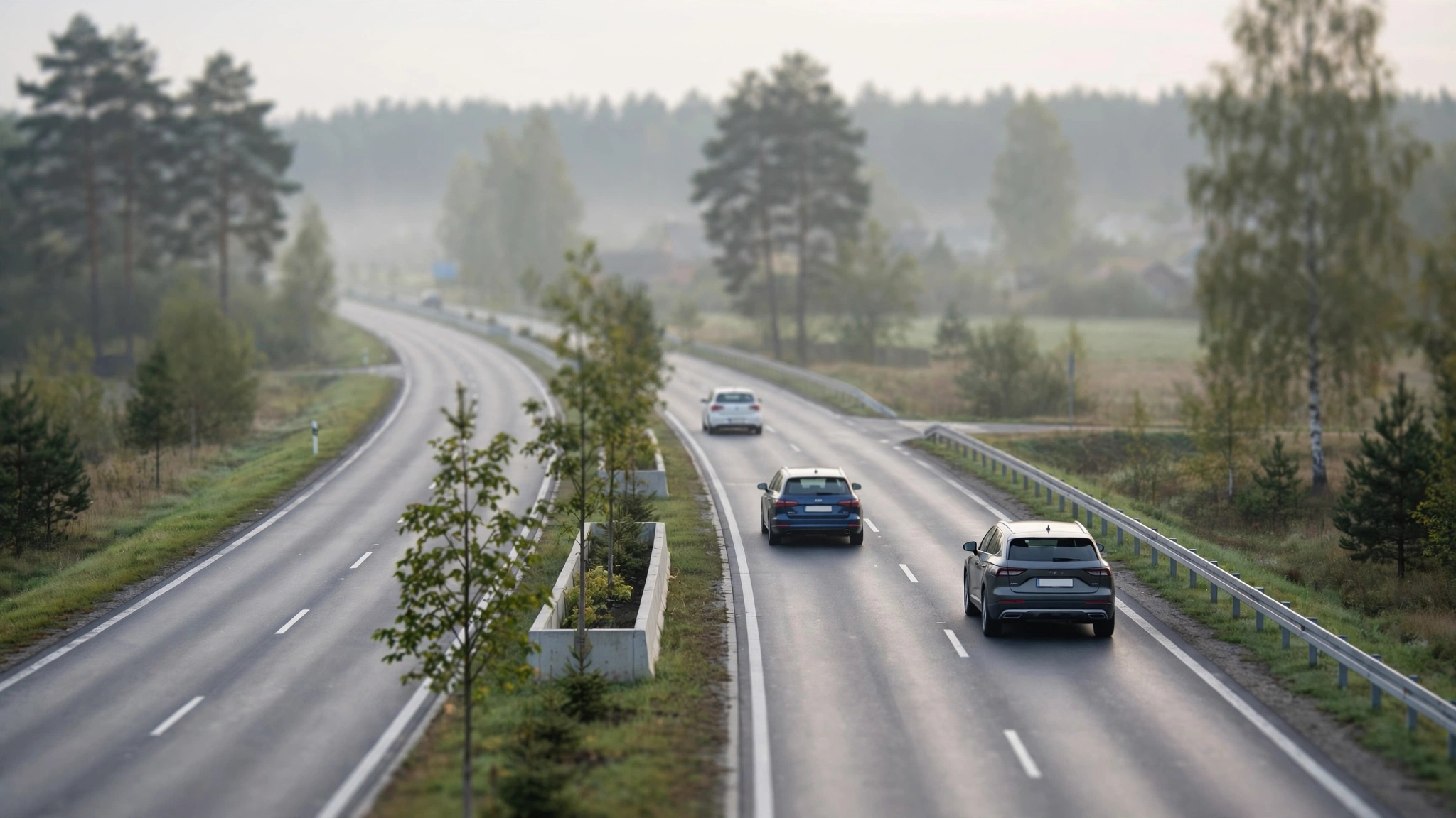 Samochody jadące nową dwujezdniową wylotówką z Olsztyna w kierunku Bartąga o poranku