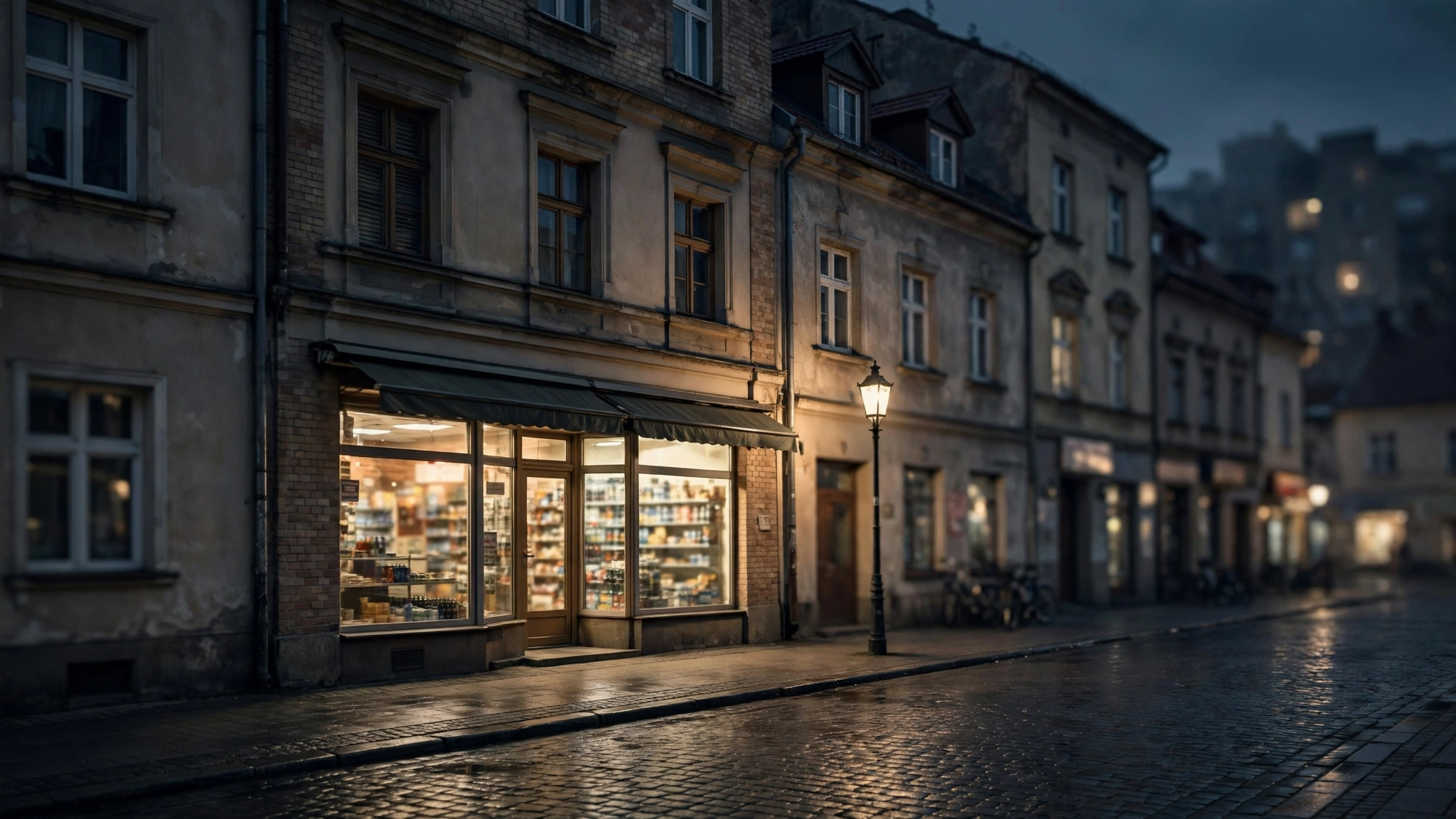 Nocna ulica w Olsztynie z oświetlonym sklepem, ilustracja do tekstu o planowanej nocnej prohibicji i zakazie reklamy alkoholu