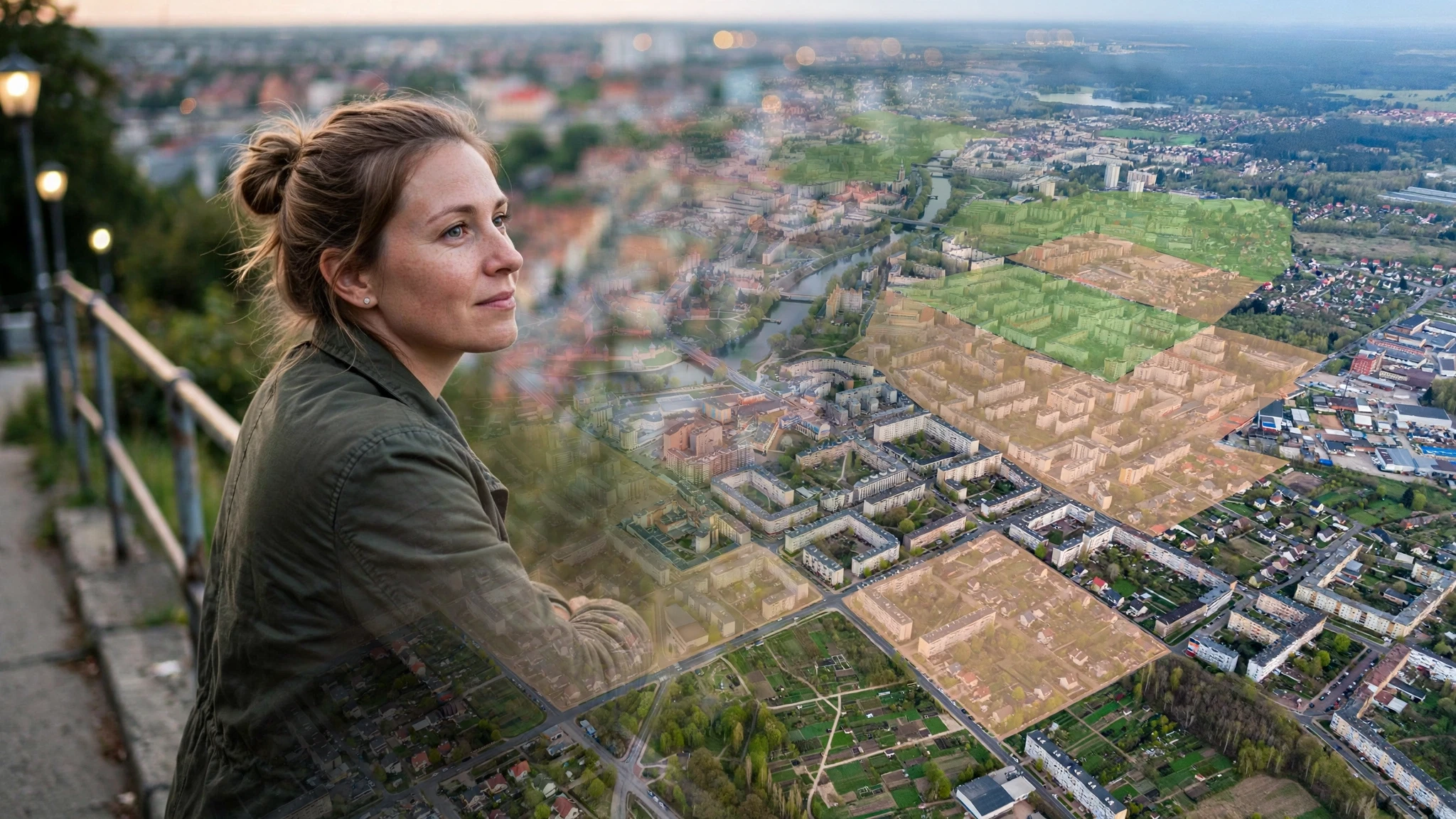 Panorama Olsztyna z lotu ptaka z zaznaczonymi strefami zabudowy mieszkaniowej i zieleni